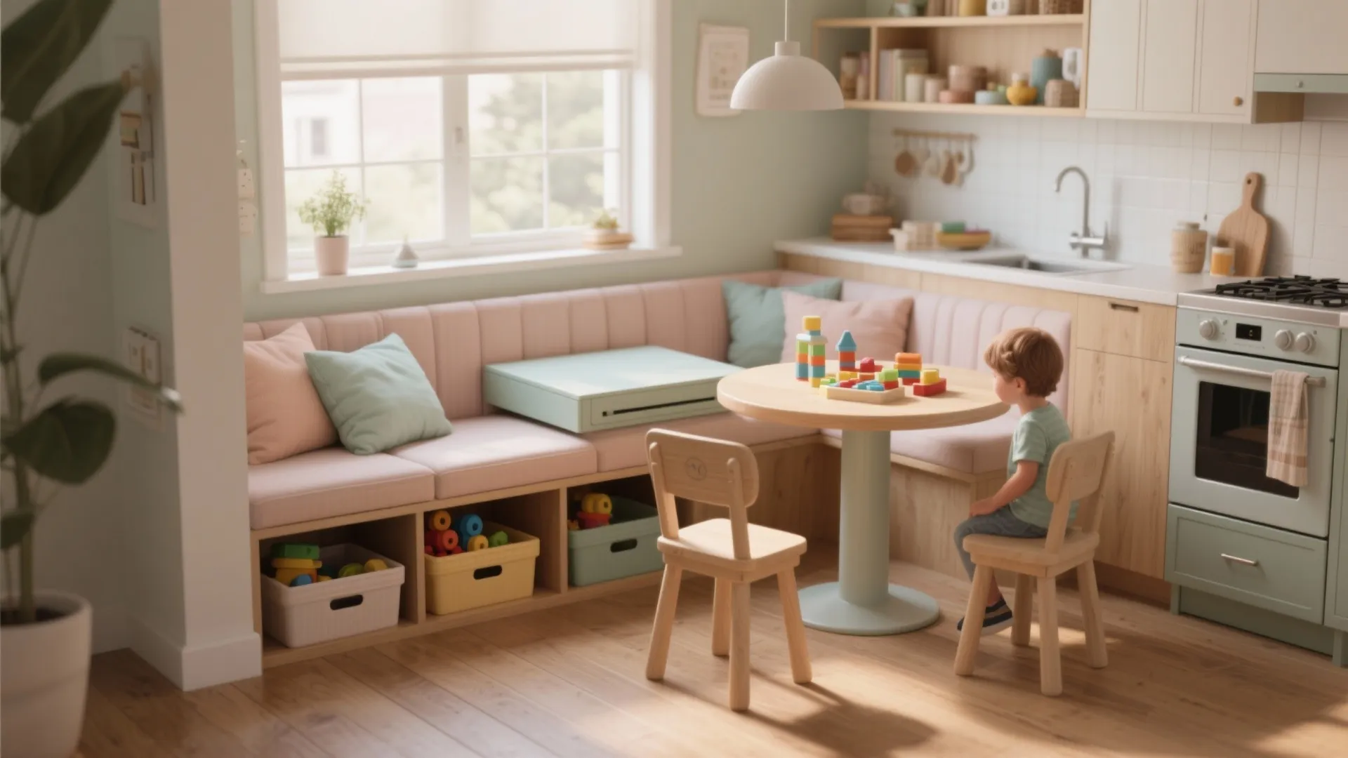 Cozy integrated dining nook with bench storage, pastel cushions, and toy bins.