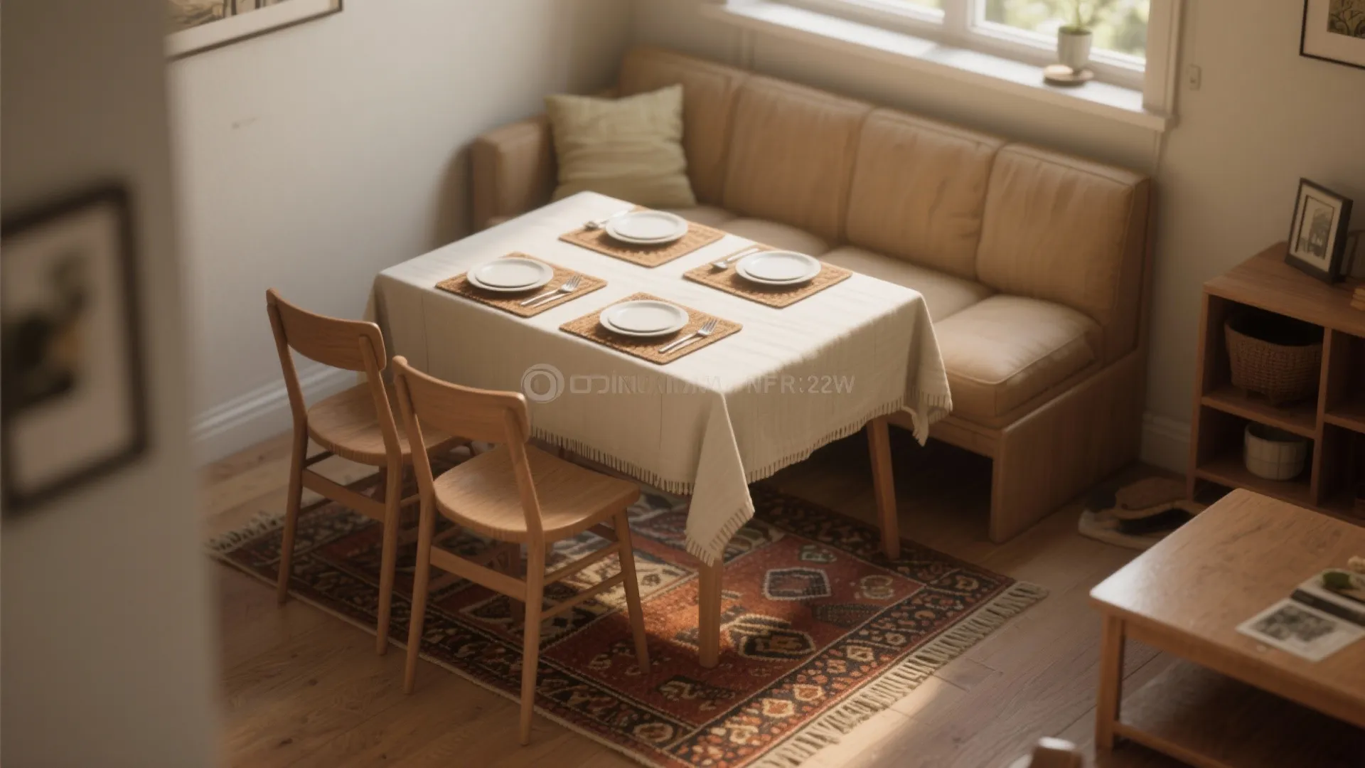 Small dining area with wooden chairs tan sofa dining table plates and rug on floor
