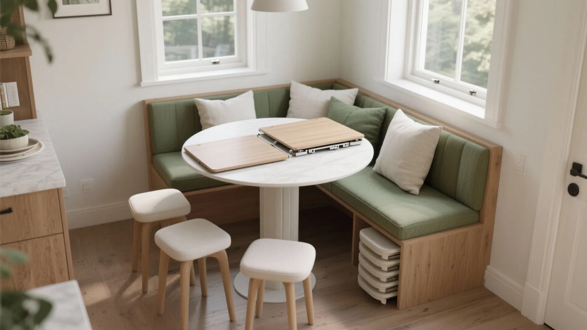 Small dining area featuring corner green bench, round white table, and three simple wooden stools