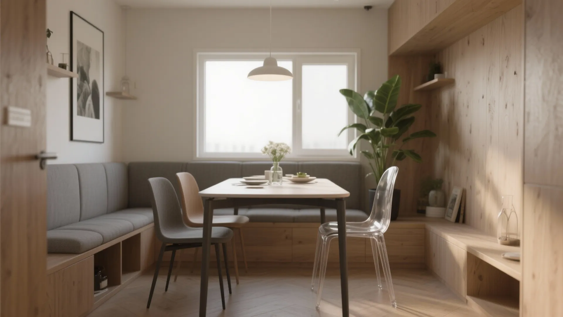 Modern dining area with built in bench seating wooden table ceiling light and large plant