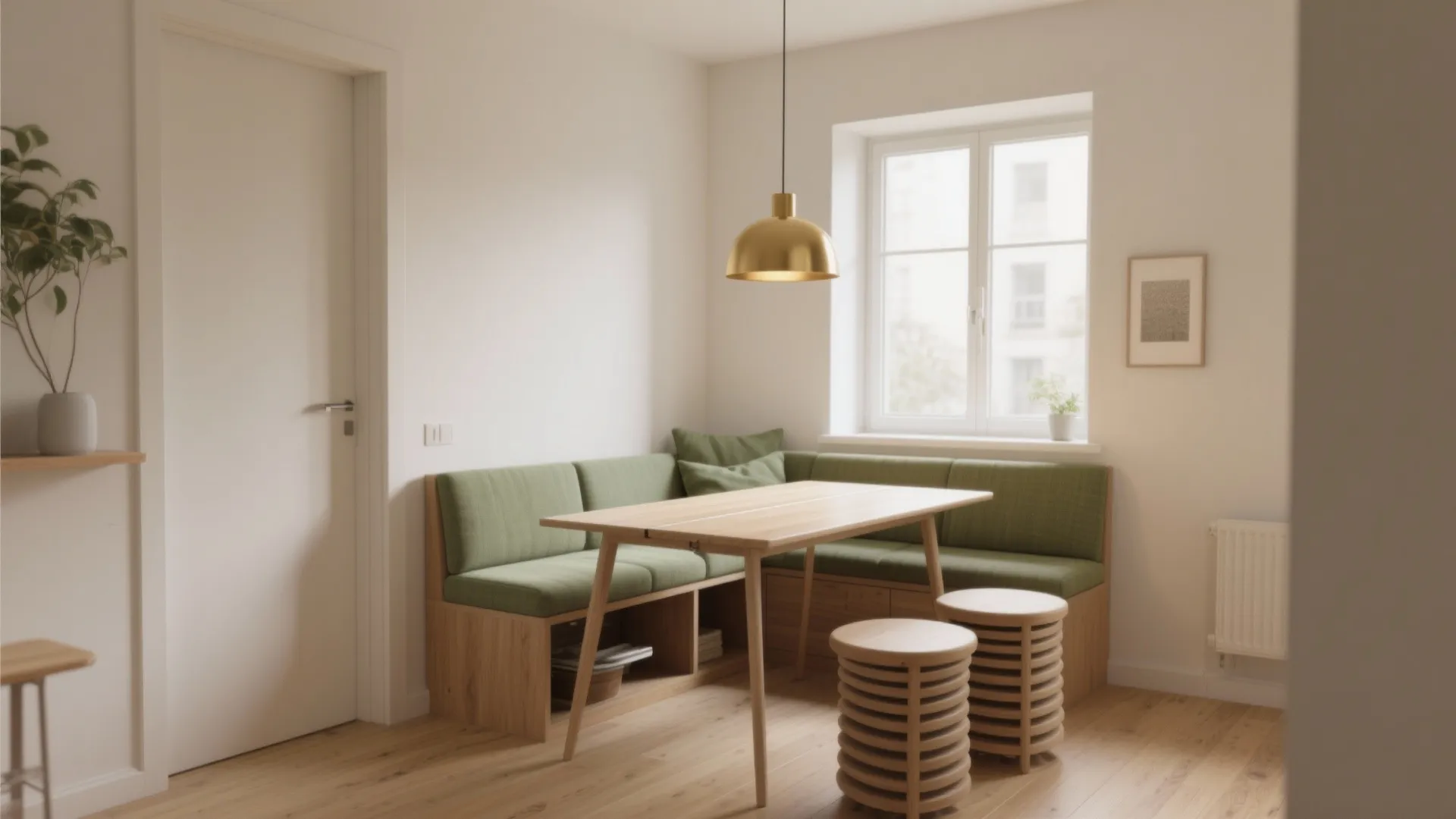Small dining area with a green corner sofa wood table stools and a ceiling light