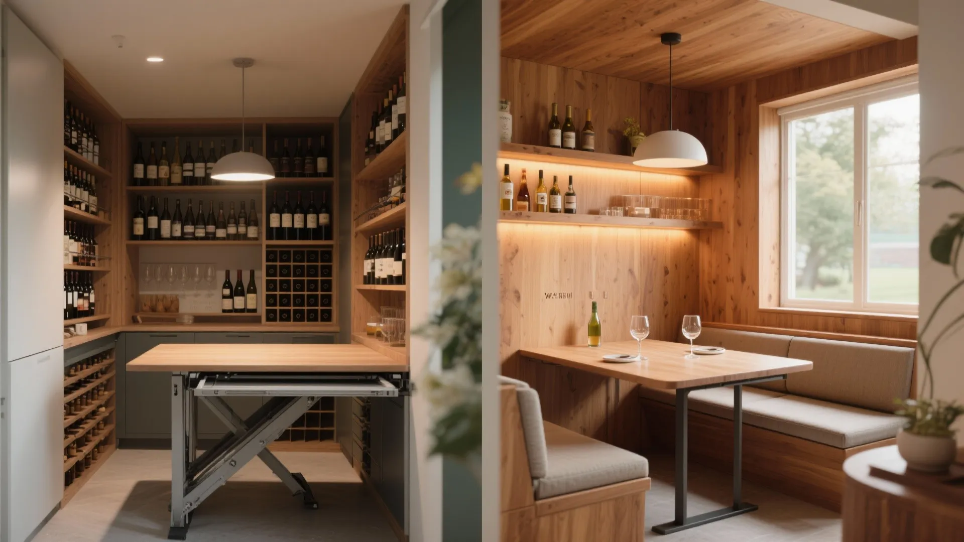 Split view of a convertible dining nook showing storage mode and tasting setup for two.