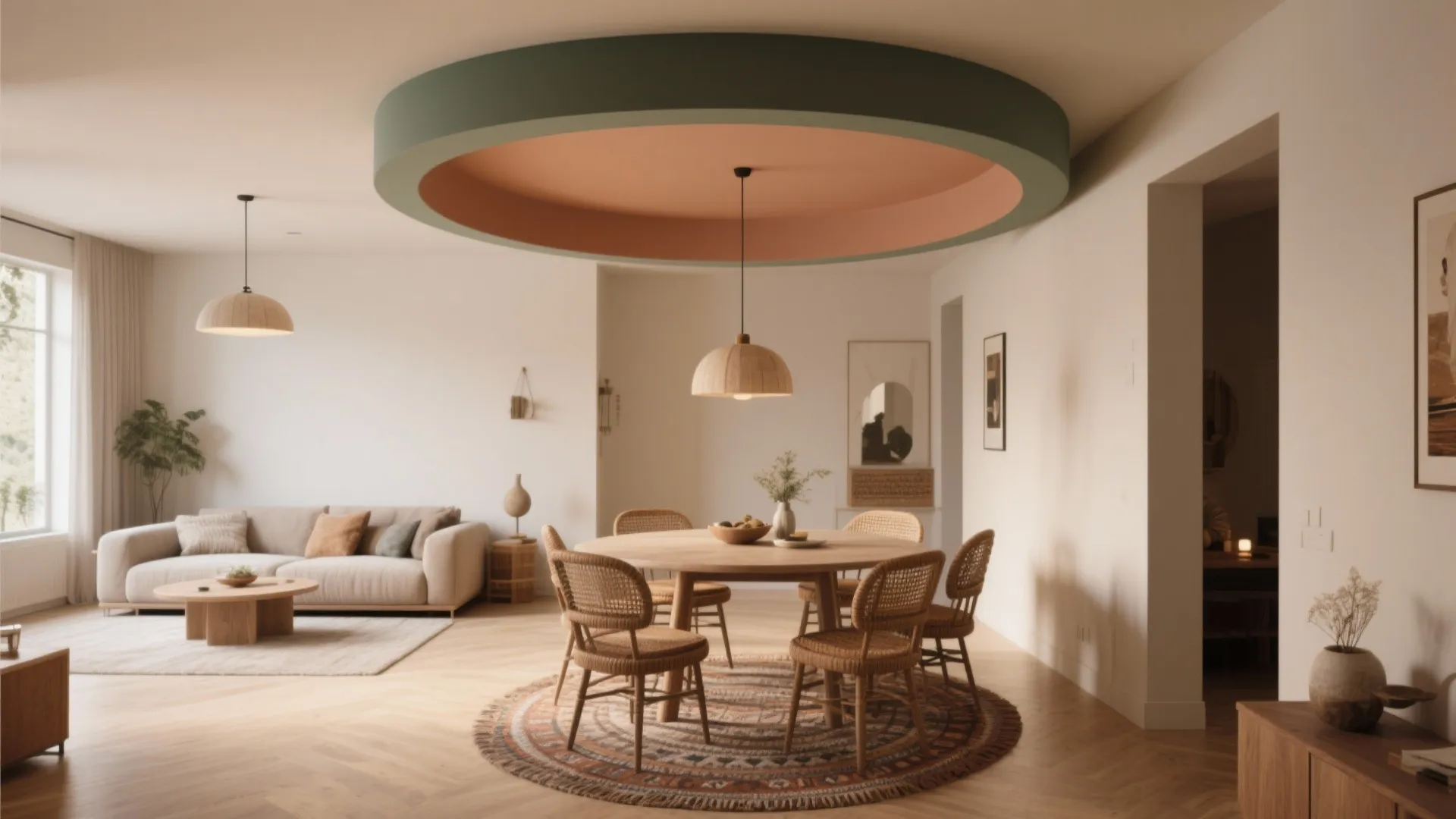 Modern dining area with round wooden table and unique green circular ceiling design with light