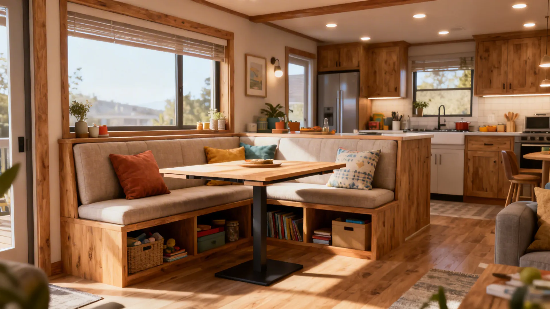 Built-in banquette dining nook next to kitchen and living area with under-bench storage.