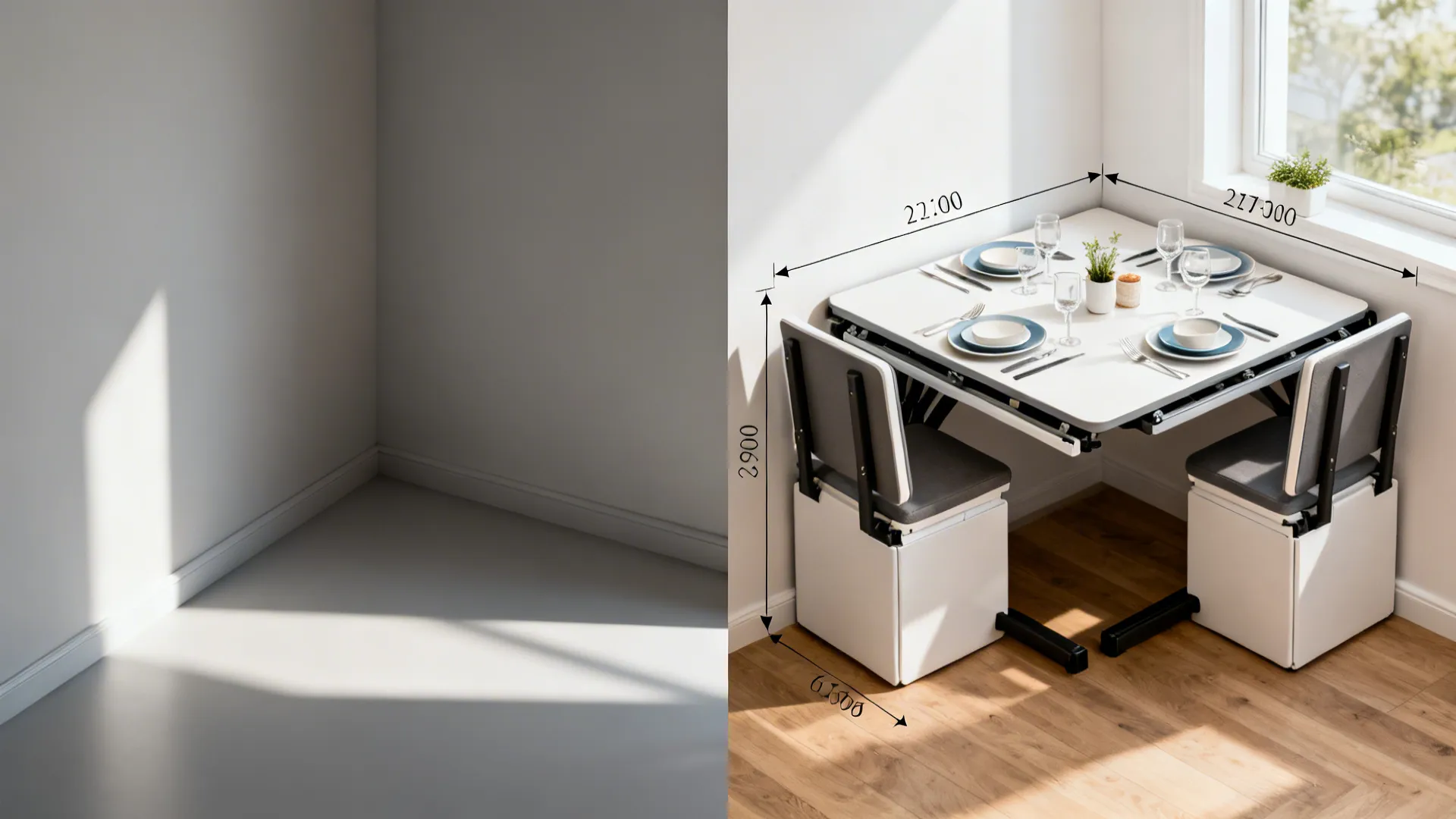 Before-and-after of a tiny dining nook transformed with a foldable table and simple tableware.
