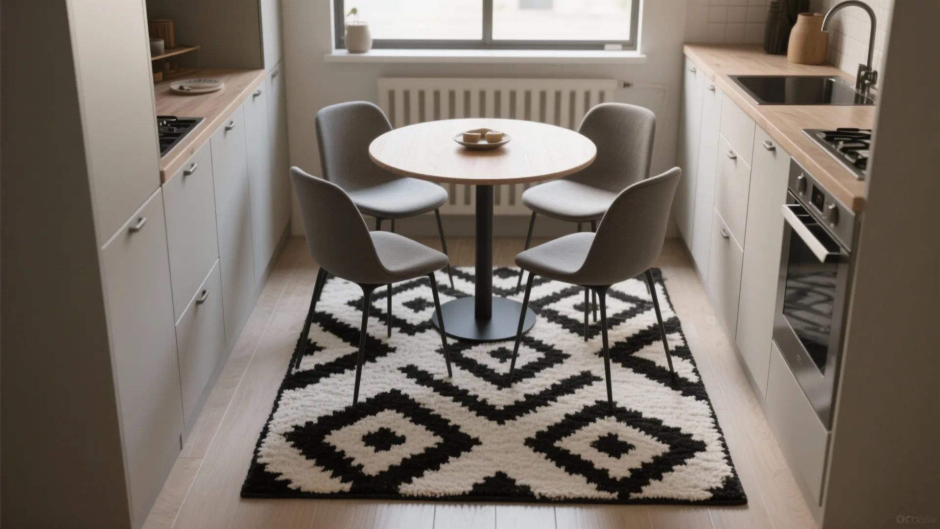1. Anchor the dining nook with a bold geometric rug
