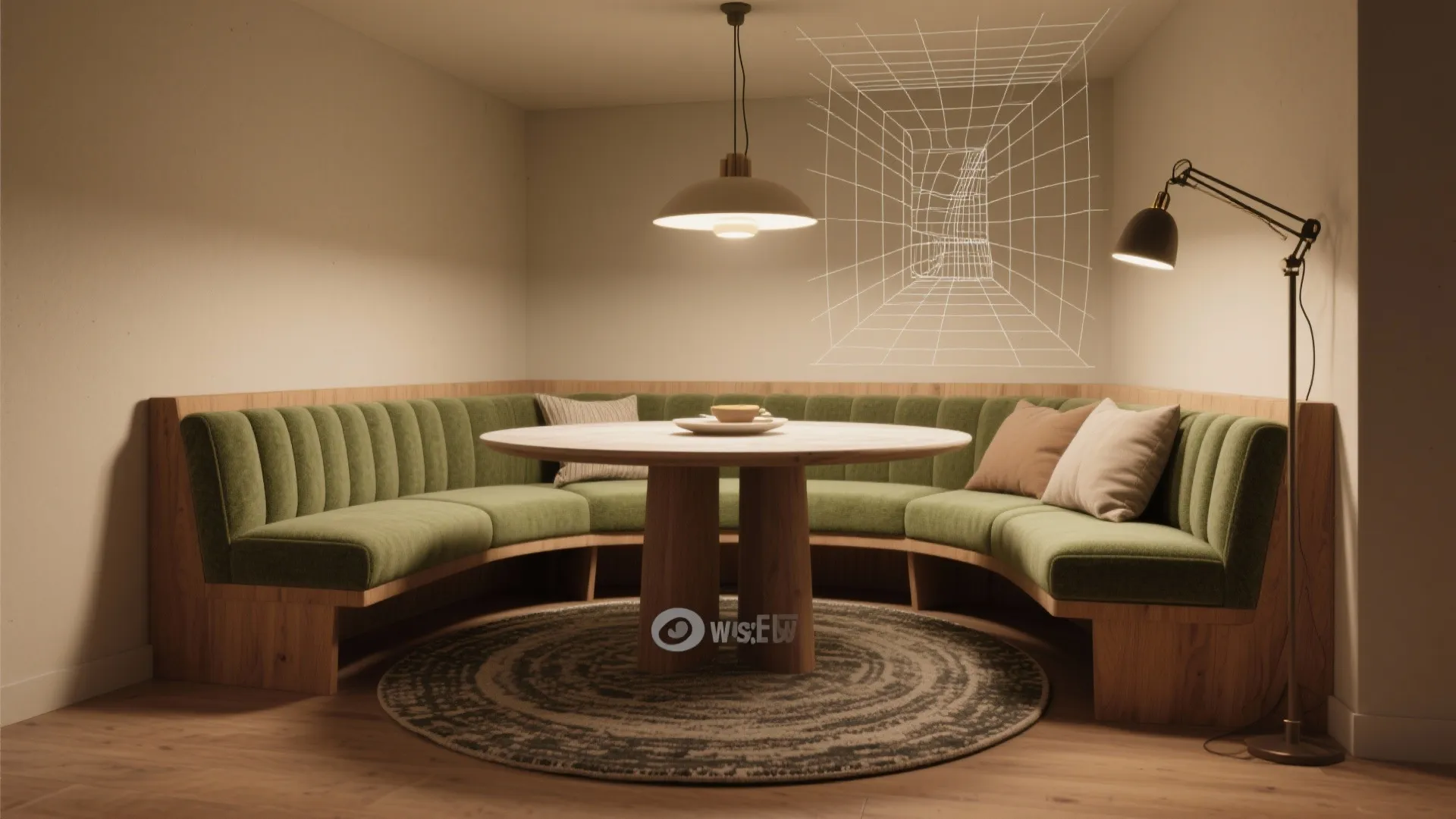 5. Define the nook with lighting, rug, and 3D dining nook visualization