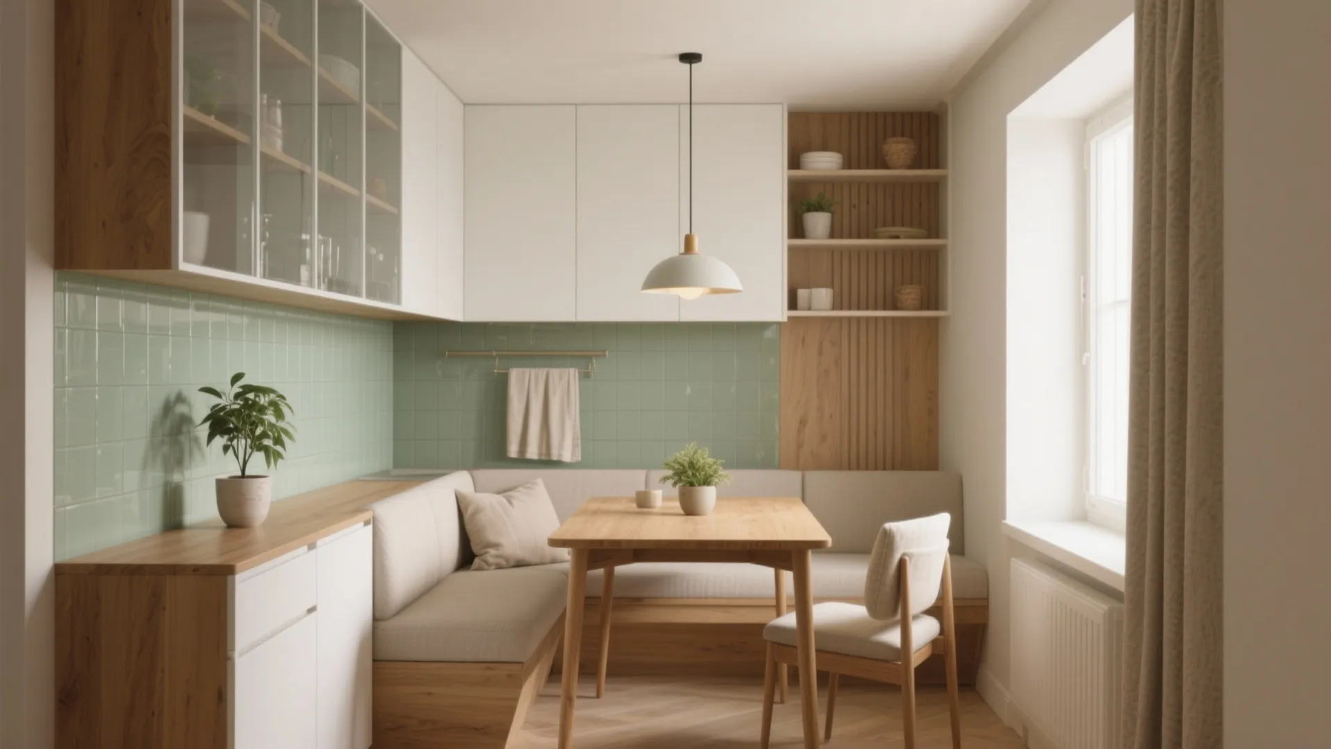 Small dining nook with wooden table grey bench green wall tiles and white kitchen cabinets