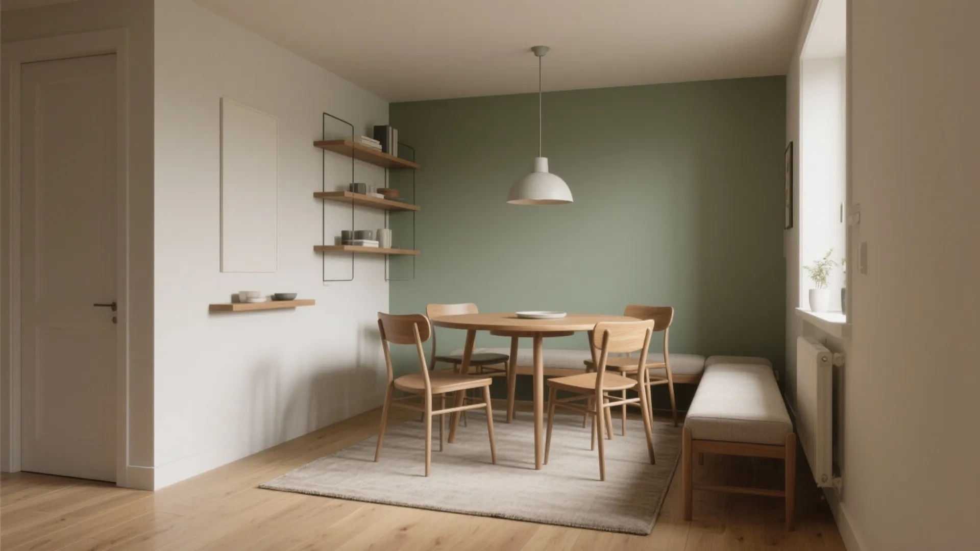 Dining room with green wall round wood table wooden chairs long bench white ceiling light