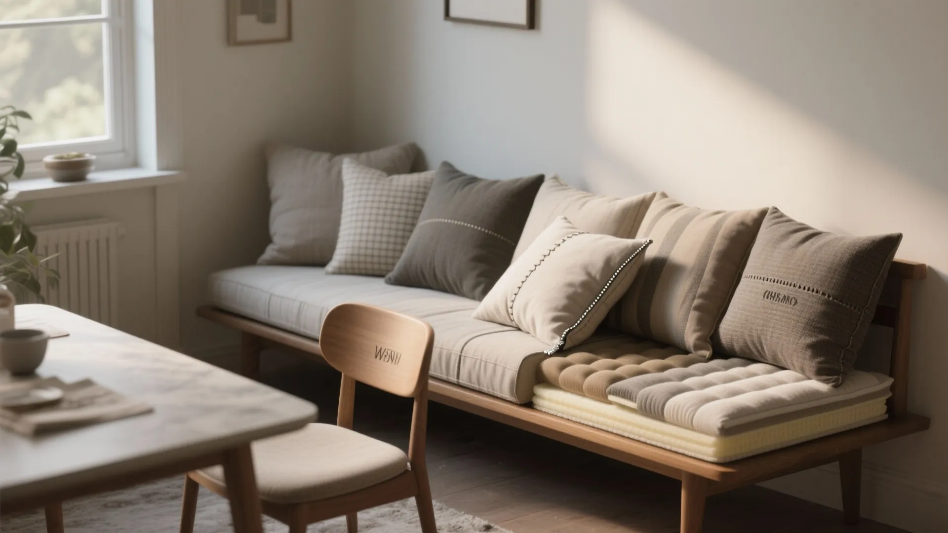 Cozy dining nook with wooden bench and cushions next to window and small wooden chair