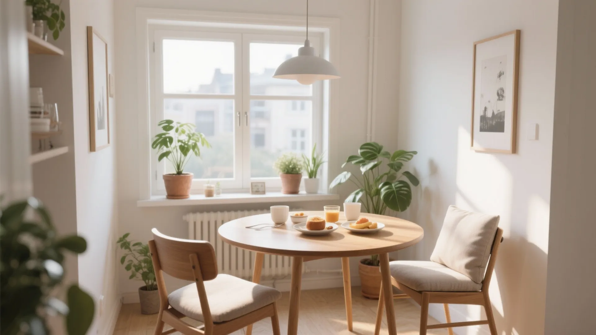 Small dining nook with a round wooden table, two chairs, breakfast, window, and green plants