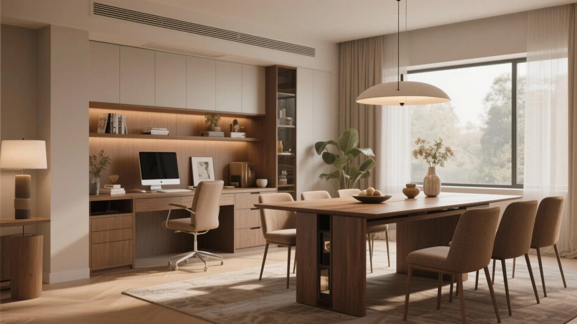 Modern open plan room with a wooden dining table and a home office desk setup