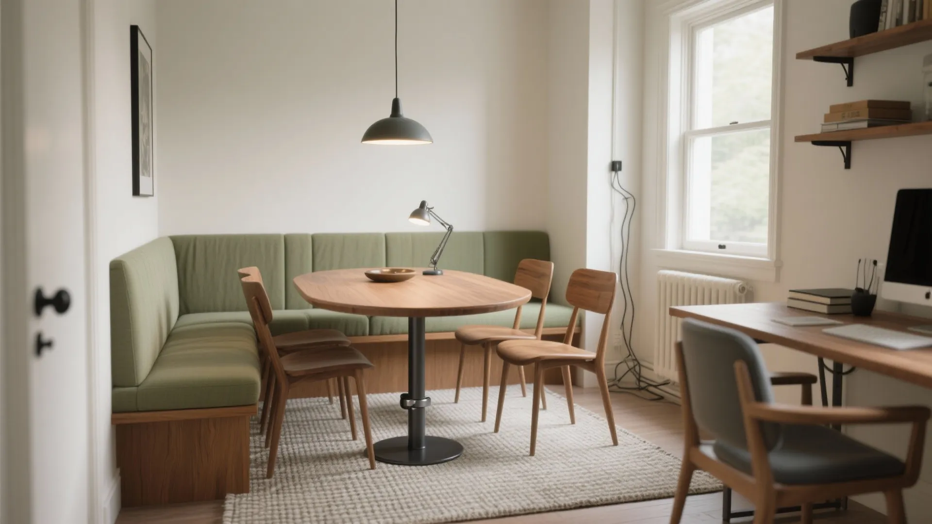 Modern dining area with green corner sofa wooden table chairs ceiling light and home office desk