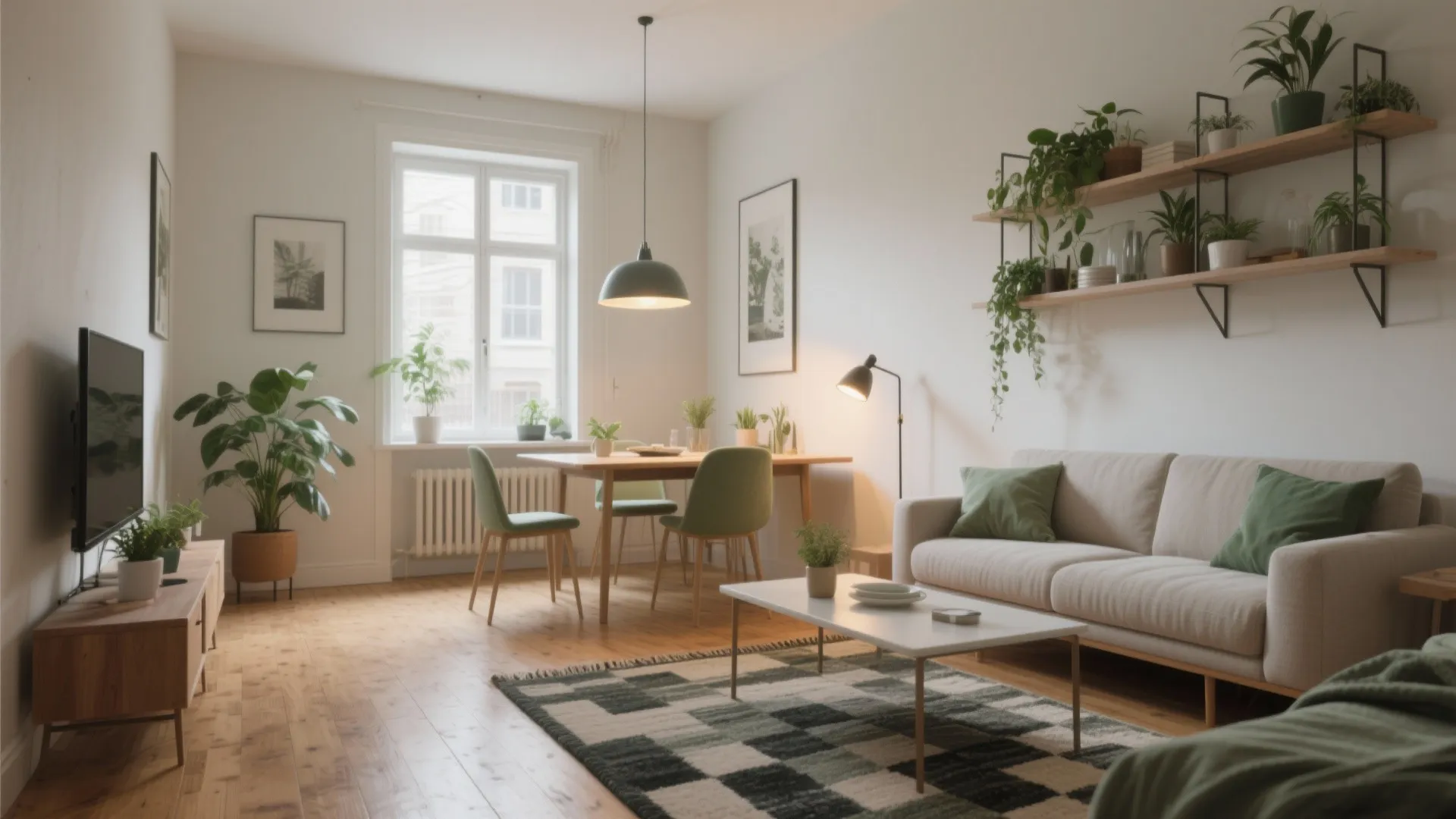 Modern bright living room and dining area with green chairs beige sofa and many indoor plants