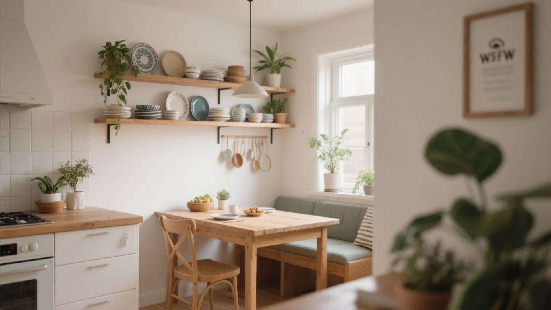 Dining nook in small kitchen with open shelving above