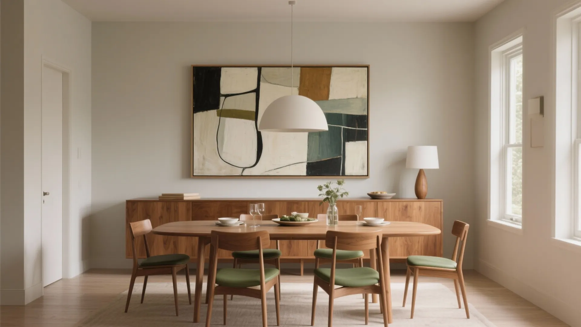 Modern dining room with wooden table green chairs abstract wall art and a ceiling light