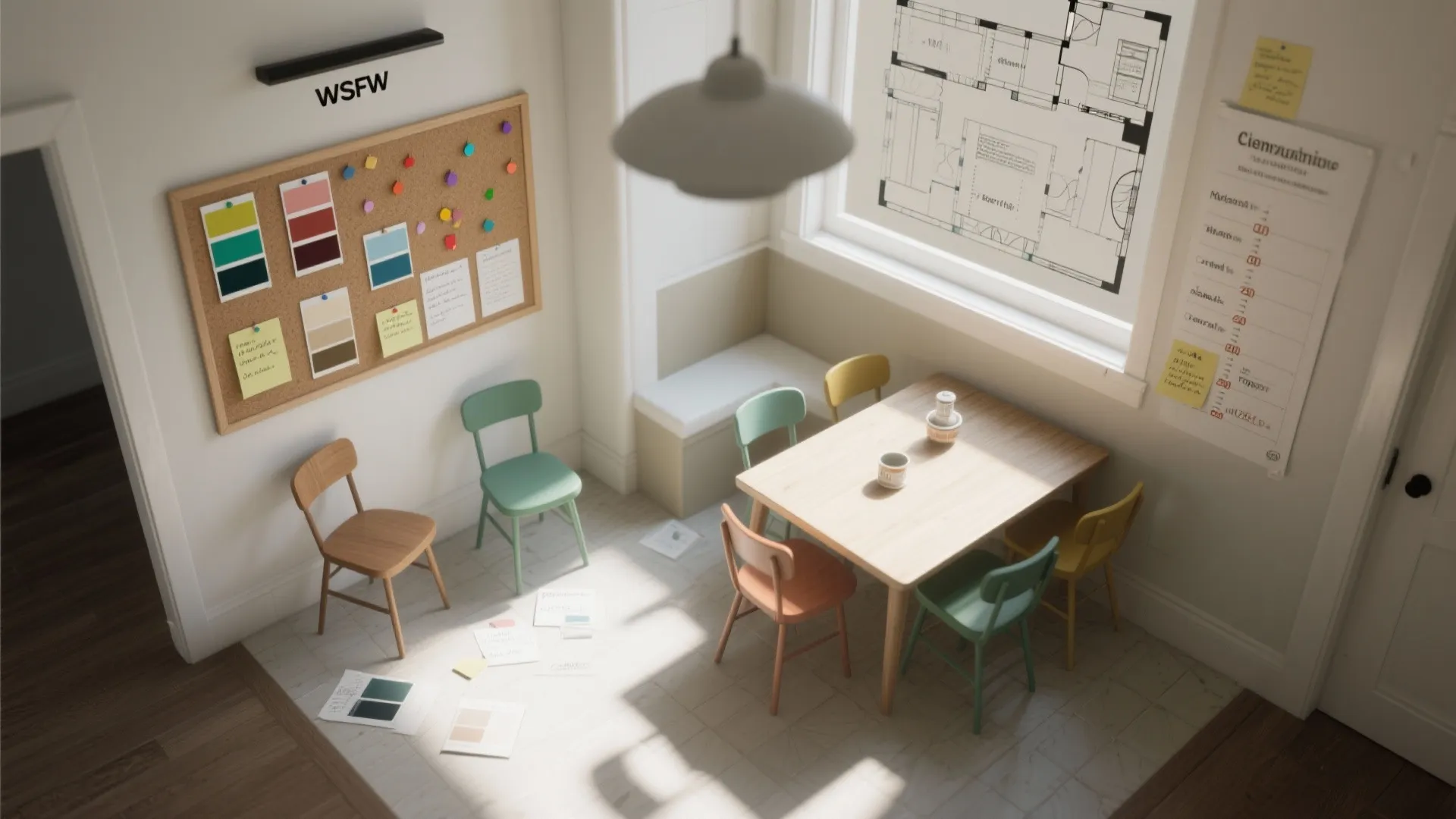 Top-down planning board with dining layout mockup, color swatches, painted samples, and notes on primers and curing.