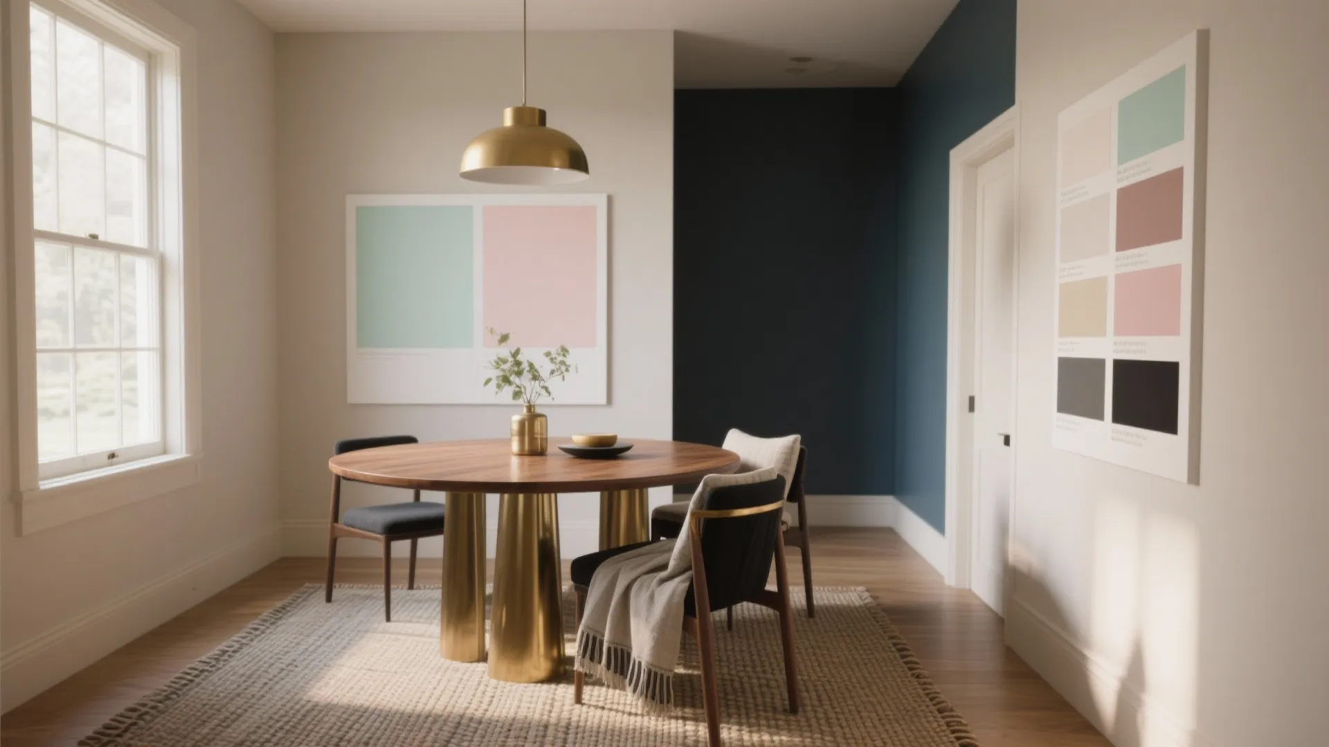 Modern dining area with wood table gold ceiling light and color palette on the wall