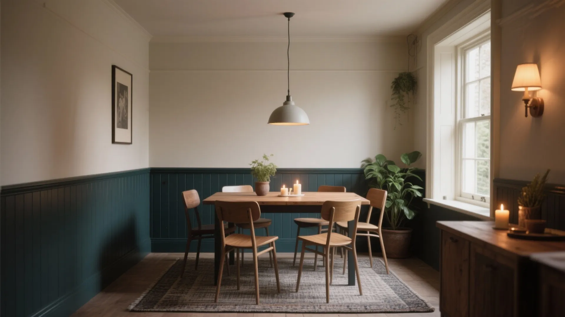 Dining room with wooden table, dark green wall panel, grey ceiling light, and potted plants