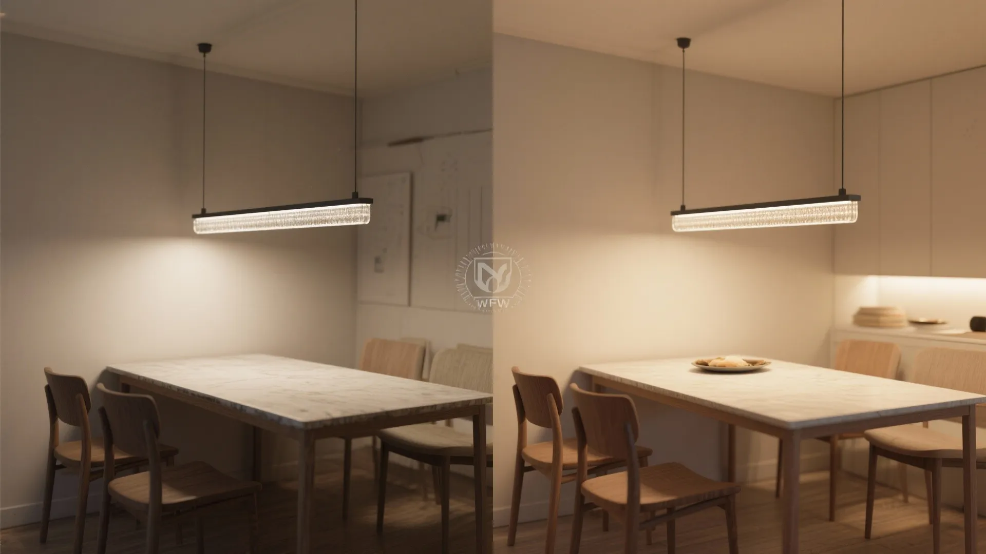 4) Linear pendants to define dining and island zones