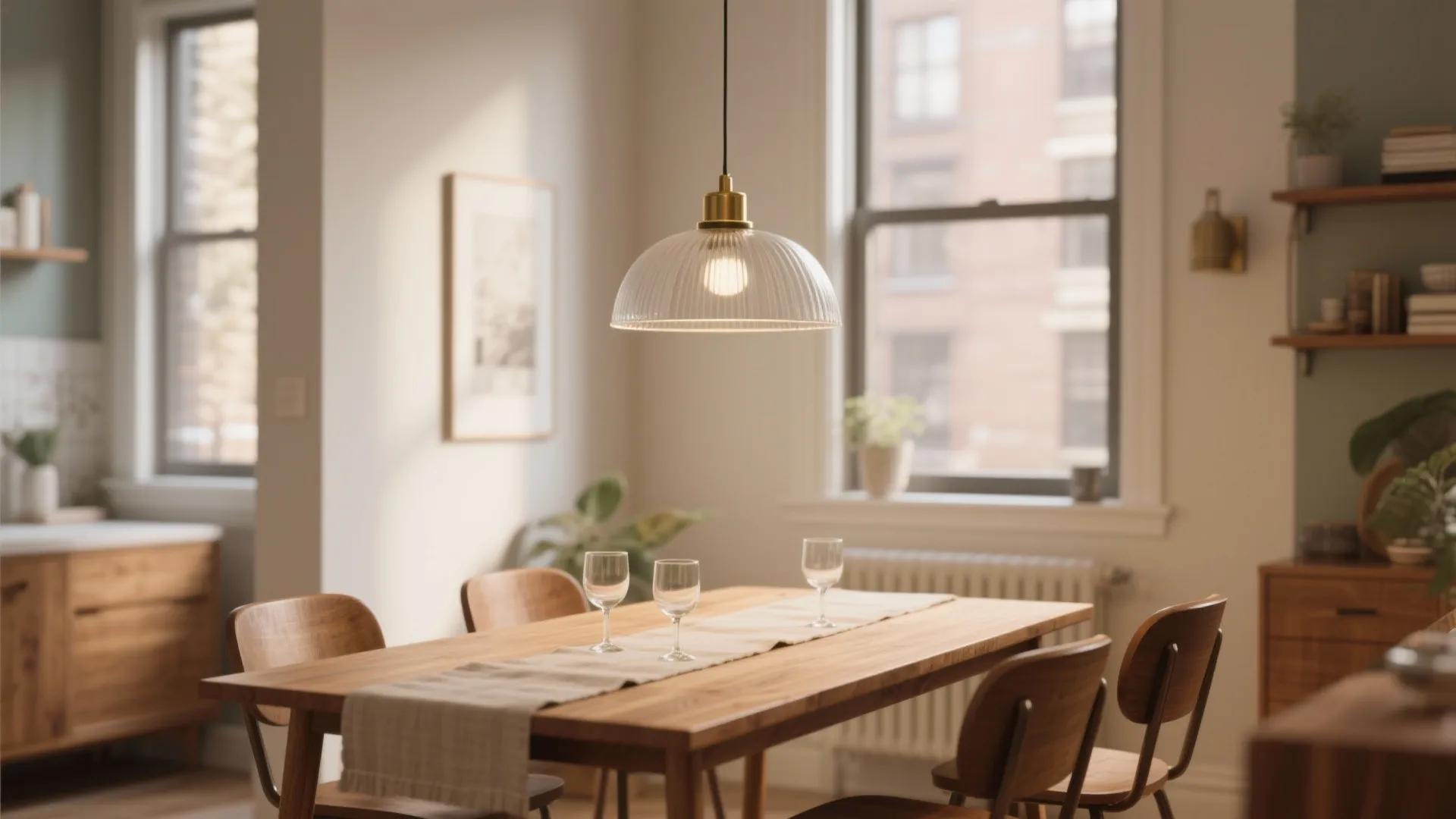 Warm dining room interior with glass ceiling light above wooden table and chairs near windows