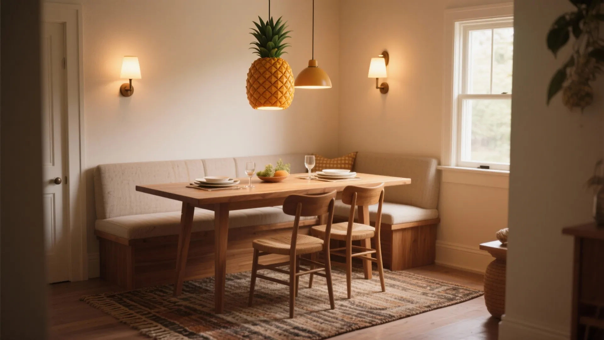 Wooden dining table with chairs bench wall lights and a yellow pineapple shaped hanging light