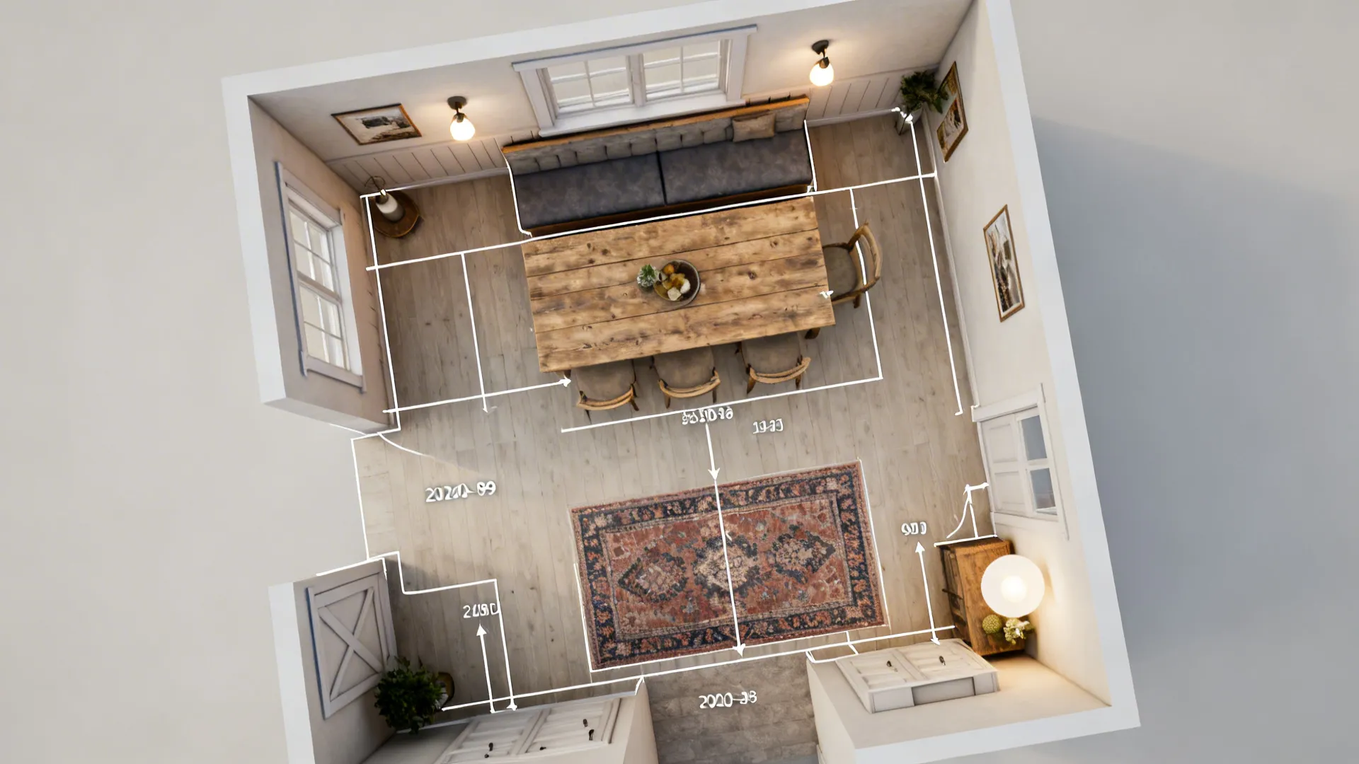 Top down interior design drawing of dining room layout with wooden table rug and dimensions
