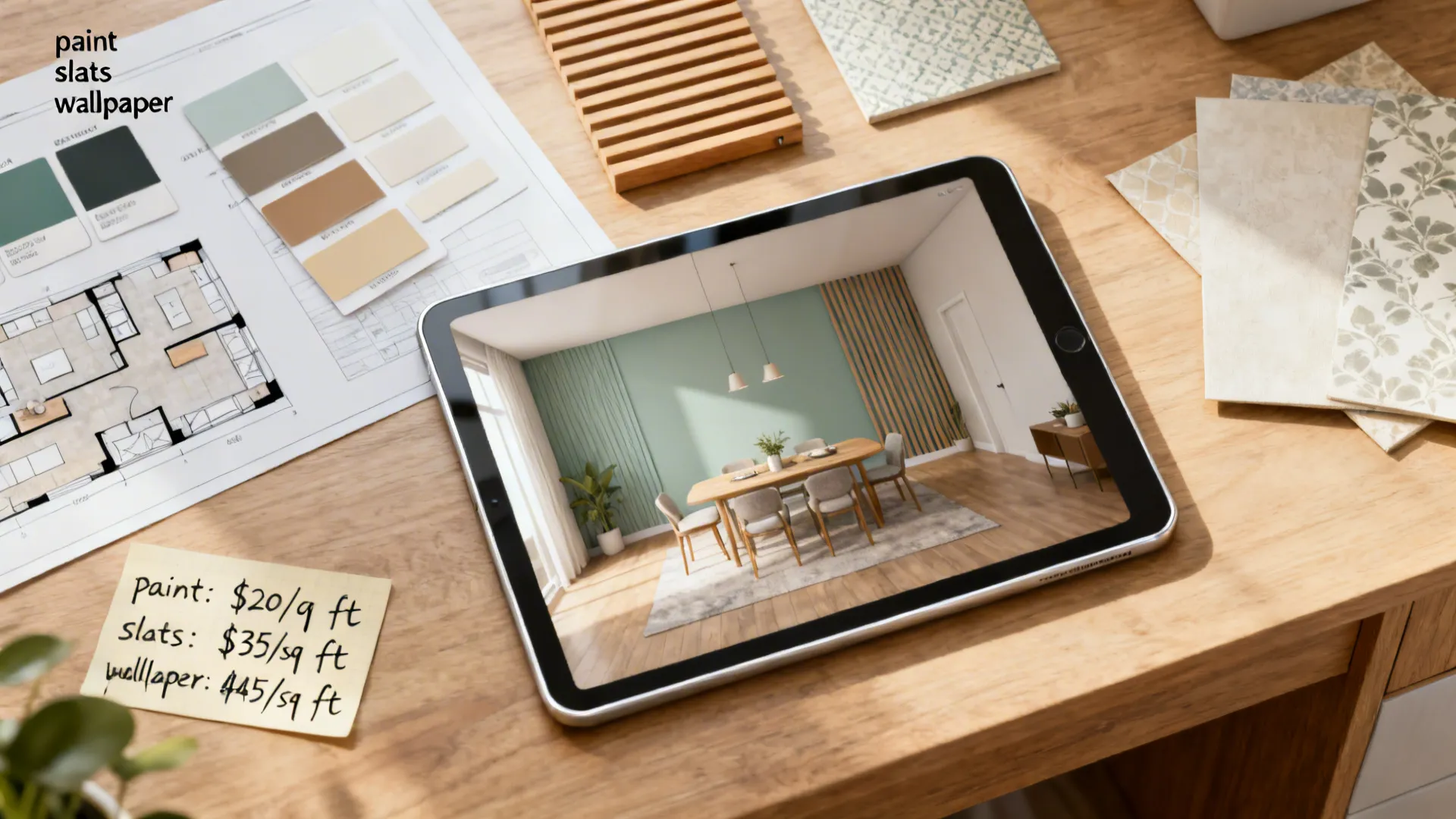 Top-down layout planner showing accent wall options, swatches, and a tablet with a 3D floor planner.