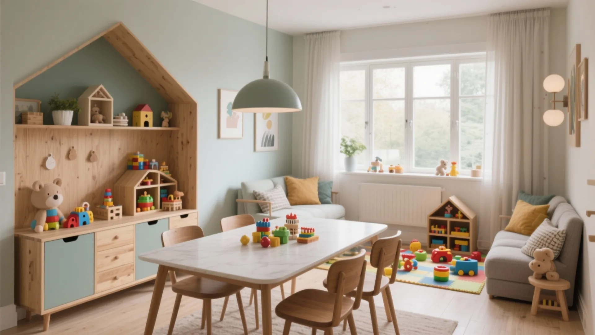 Bright kids playroom and dining area with house shaped wooden shelves toys and white table