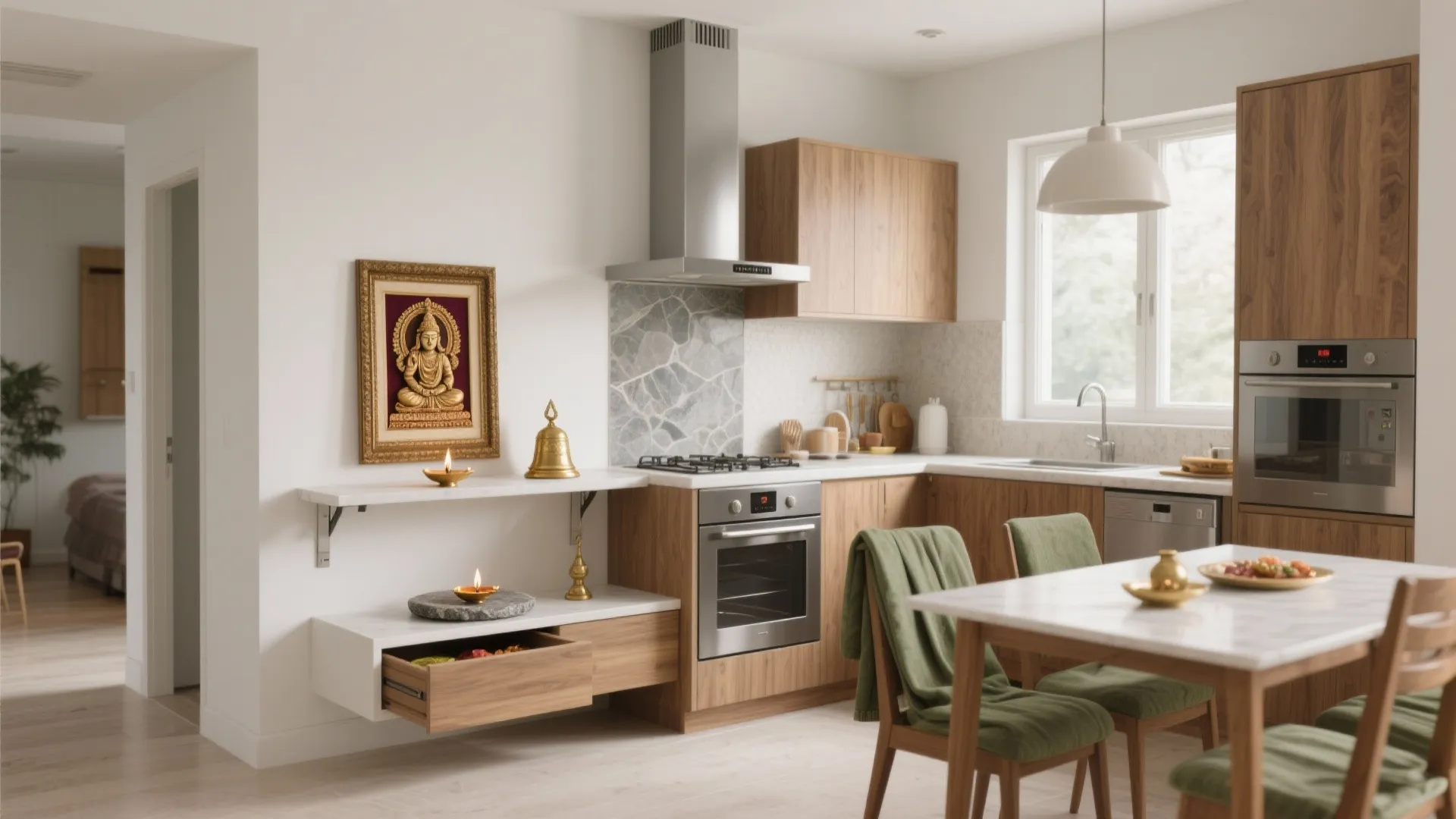 3) Dining-Pooja Hybrid Next to an L-Kitchen