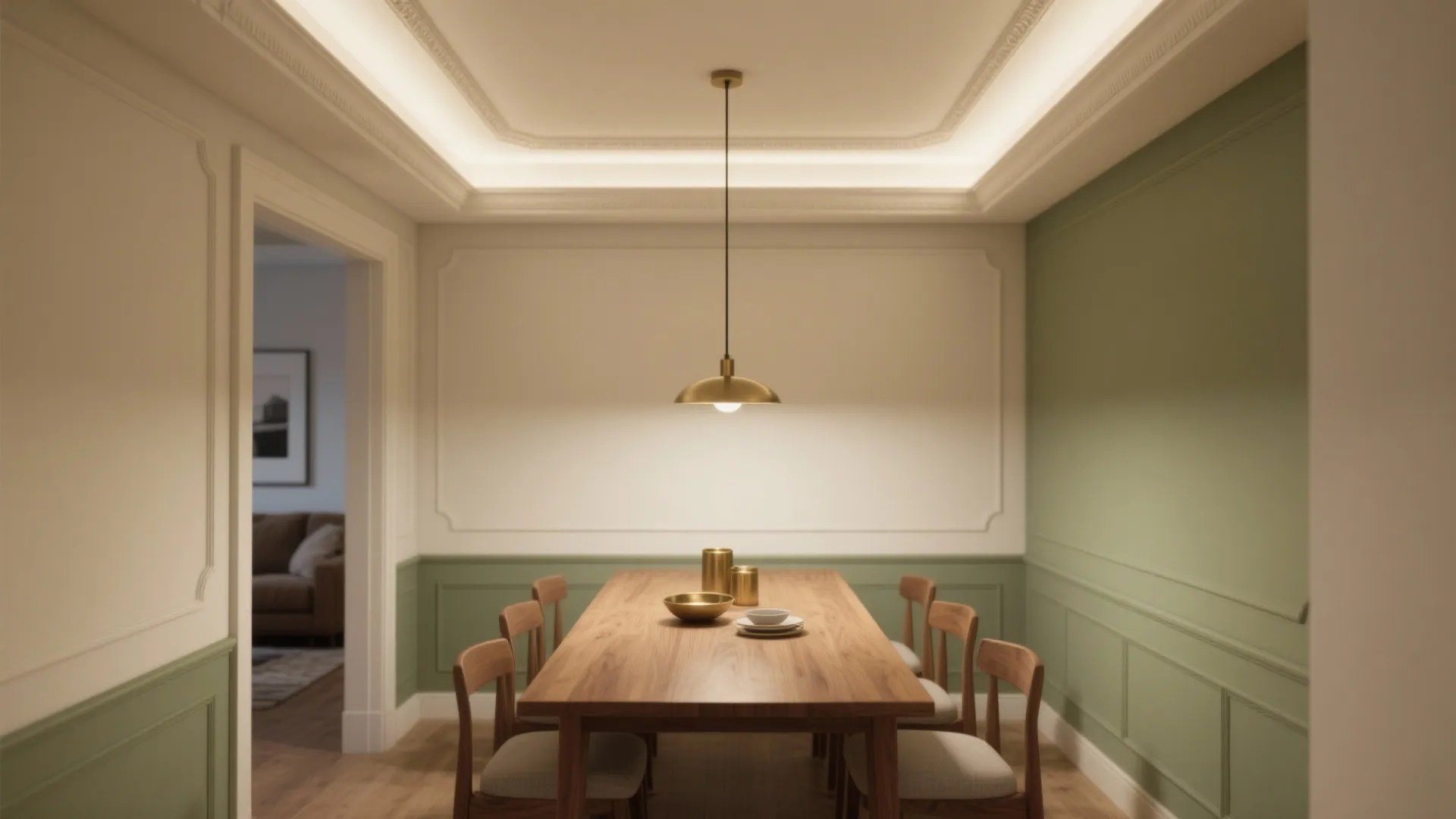 Modern dining room with a wooden table, chairs, green wall panel, and gold light fixture