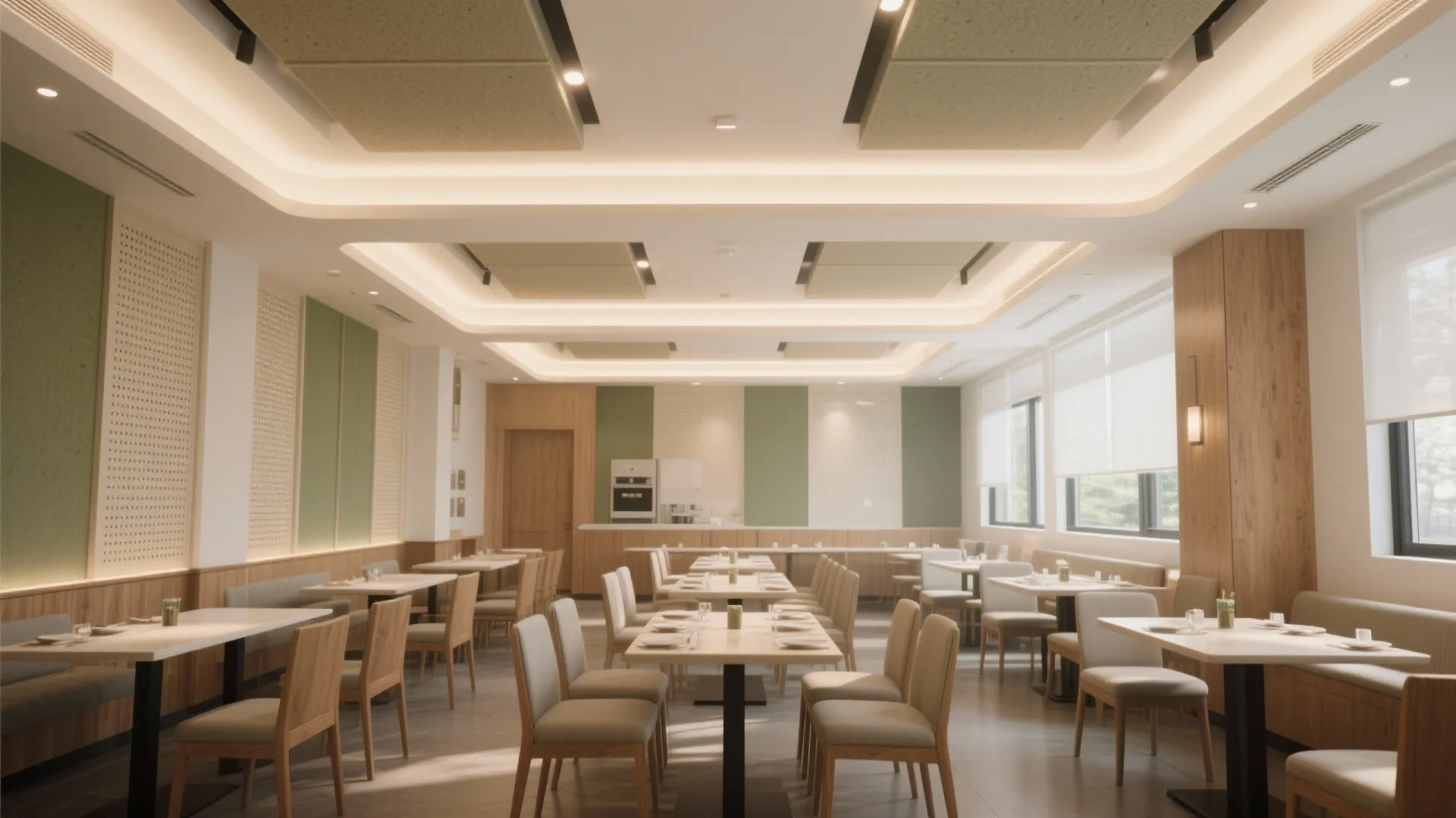 Modern restaurant interior design with light wood furniture white tables green wall panels and warm lighting