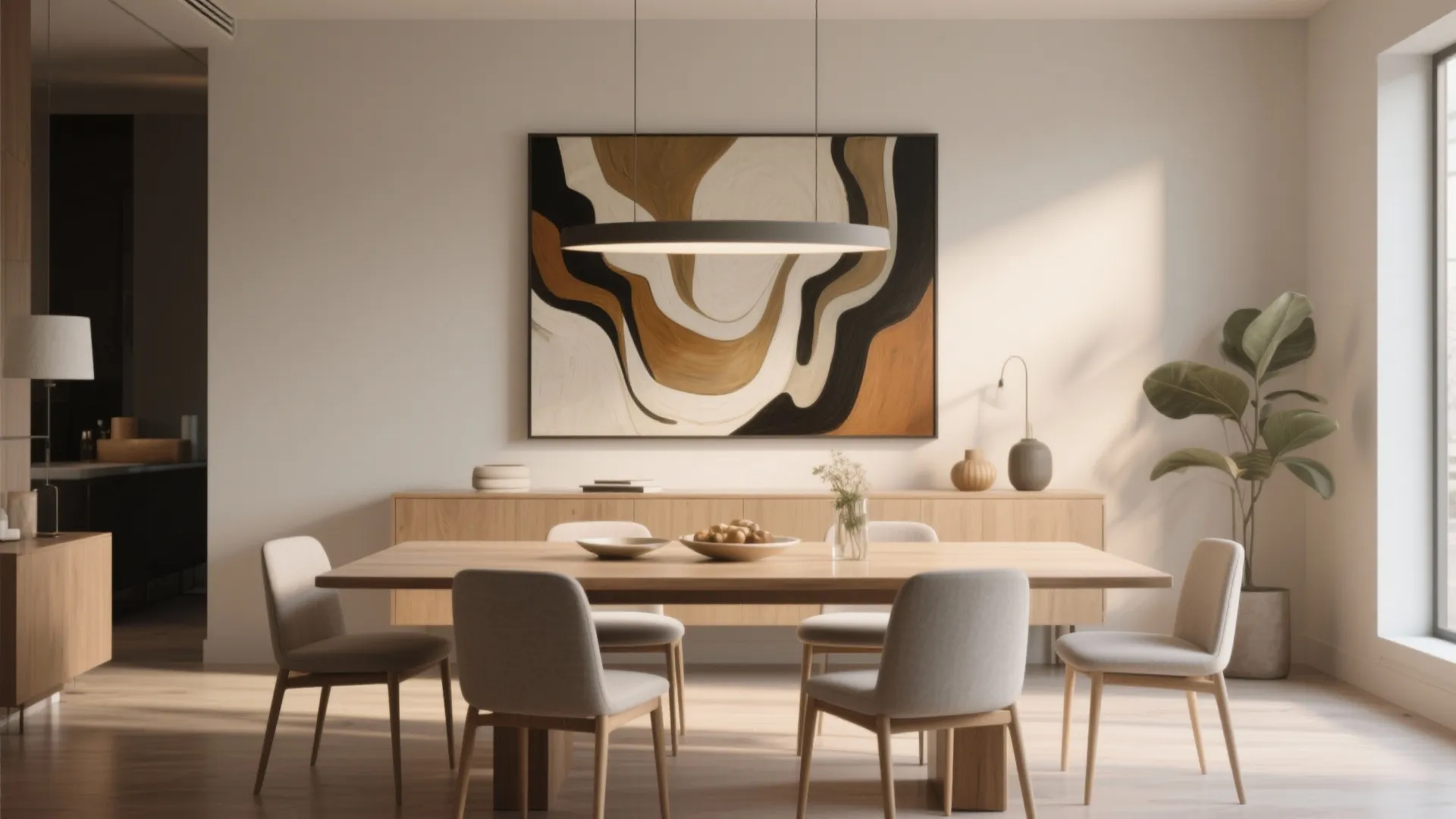 Modern dining room featuring wooden table grey chairs large wall art and round ceiling light