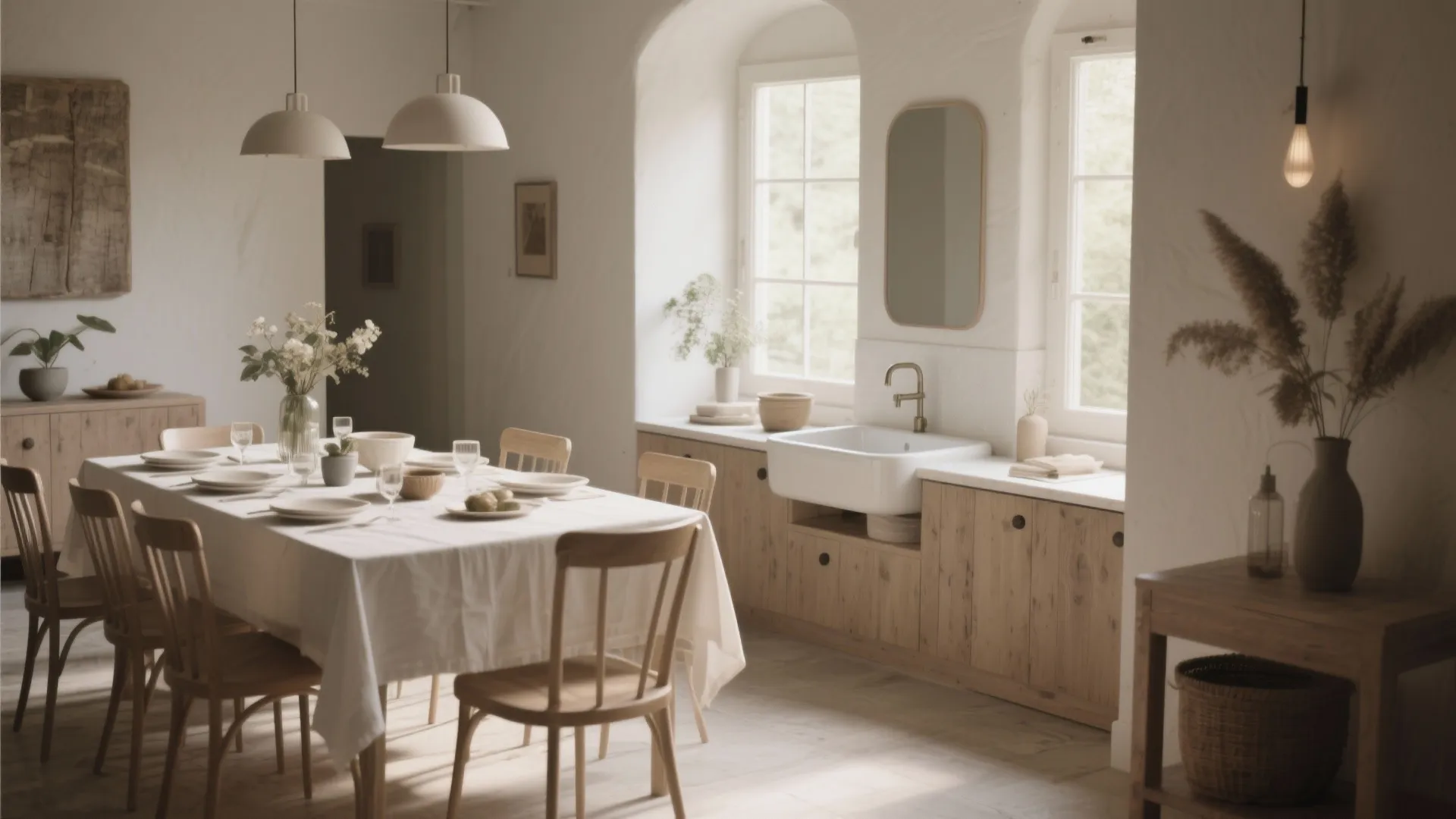Bright dining area with wooden furniture white table cloth sink cabinet and two ceiling lights
