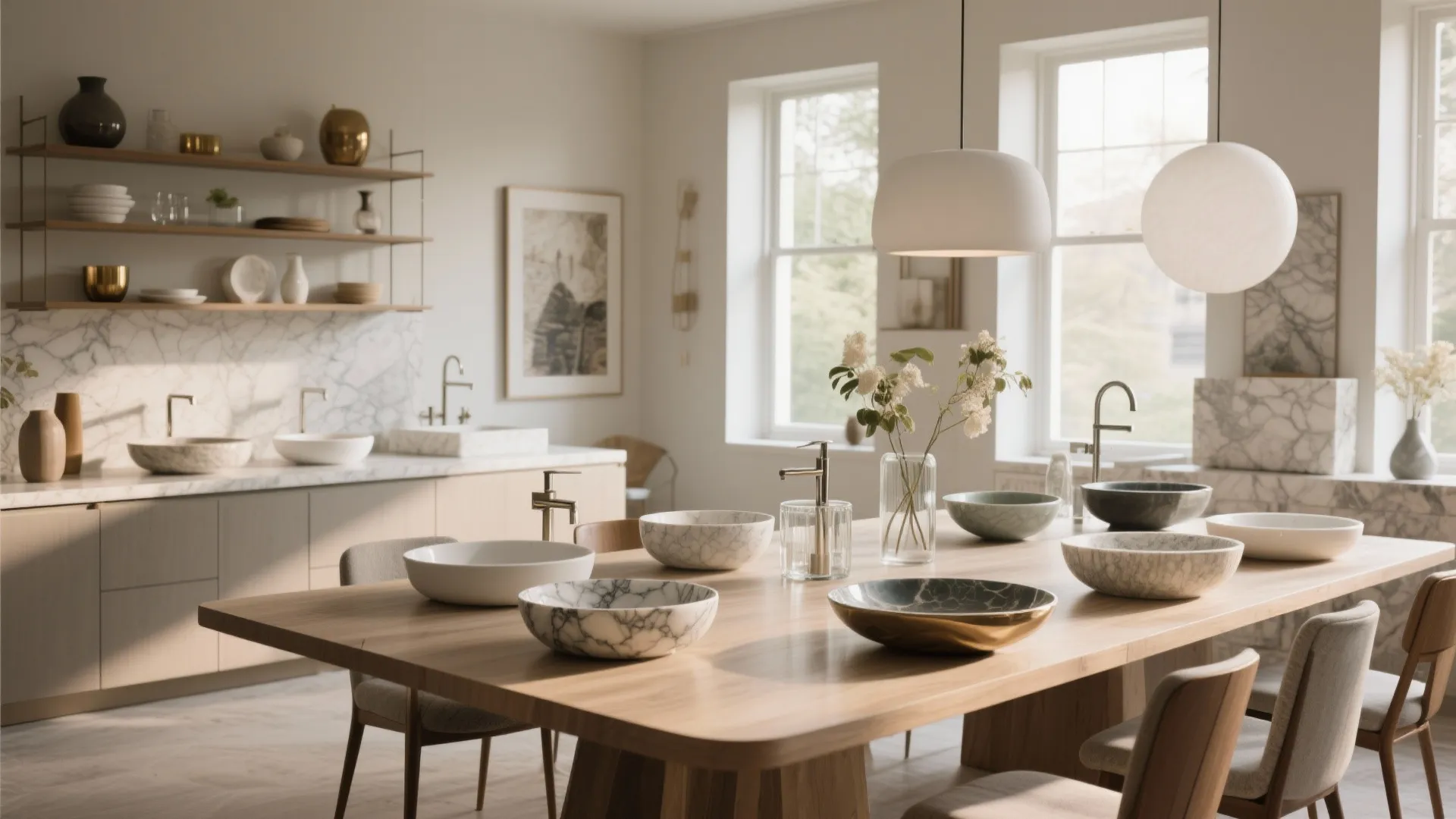 Modern dining room interior featuring wooden table with marble bowls and white globe ceiling lights