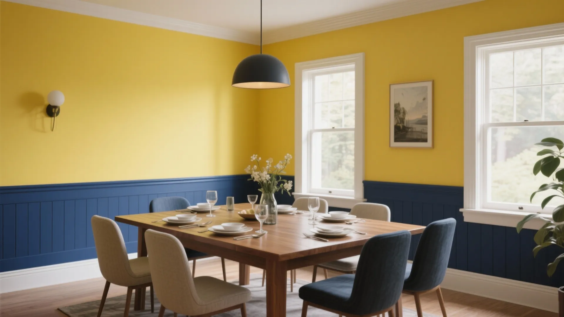 Dining room with yellow walls blue wall panel wooden table modern chairs and black ceiling light