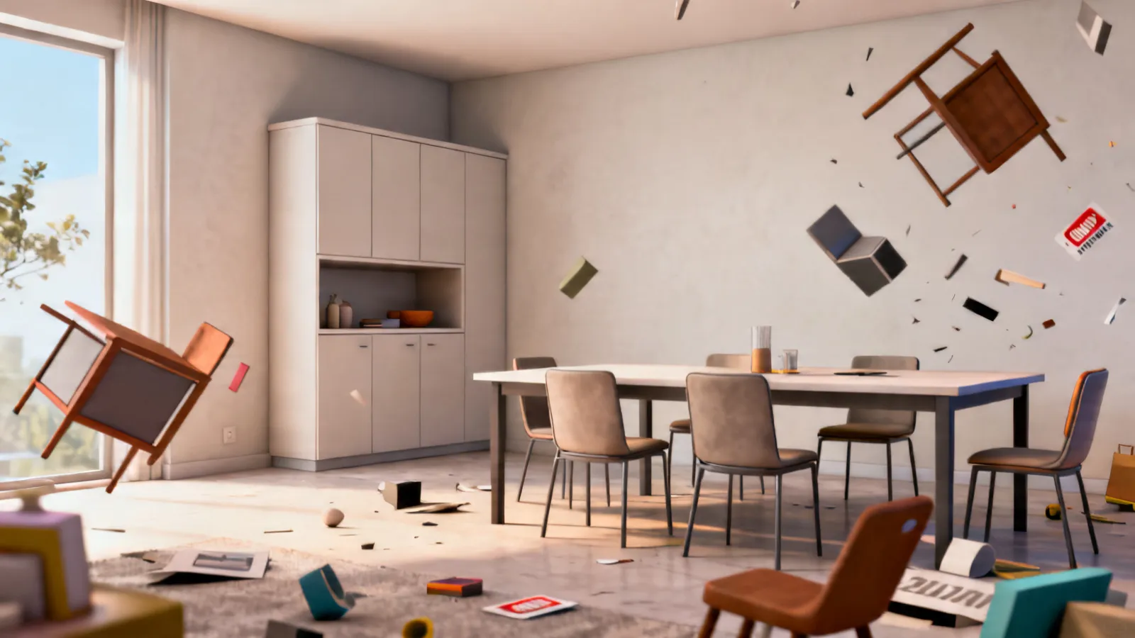 Dining room layout showing a built in corner cabinet next to dining table