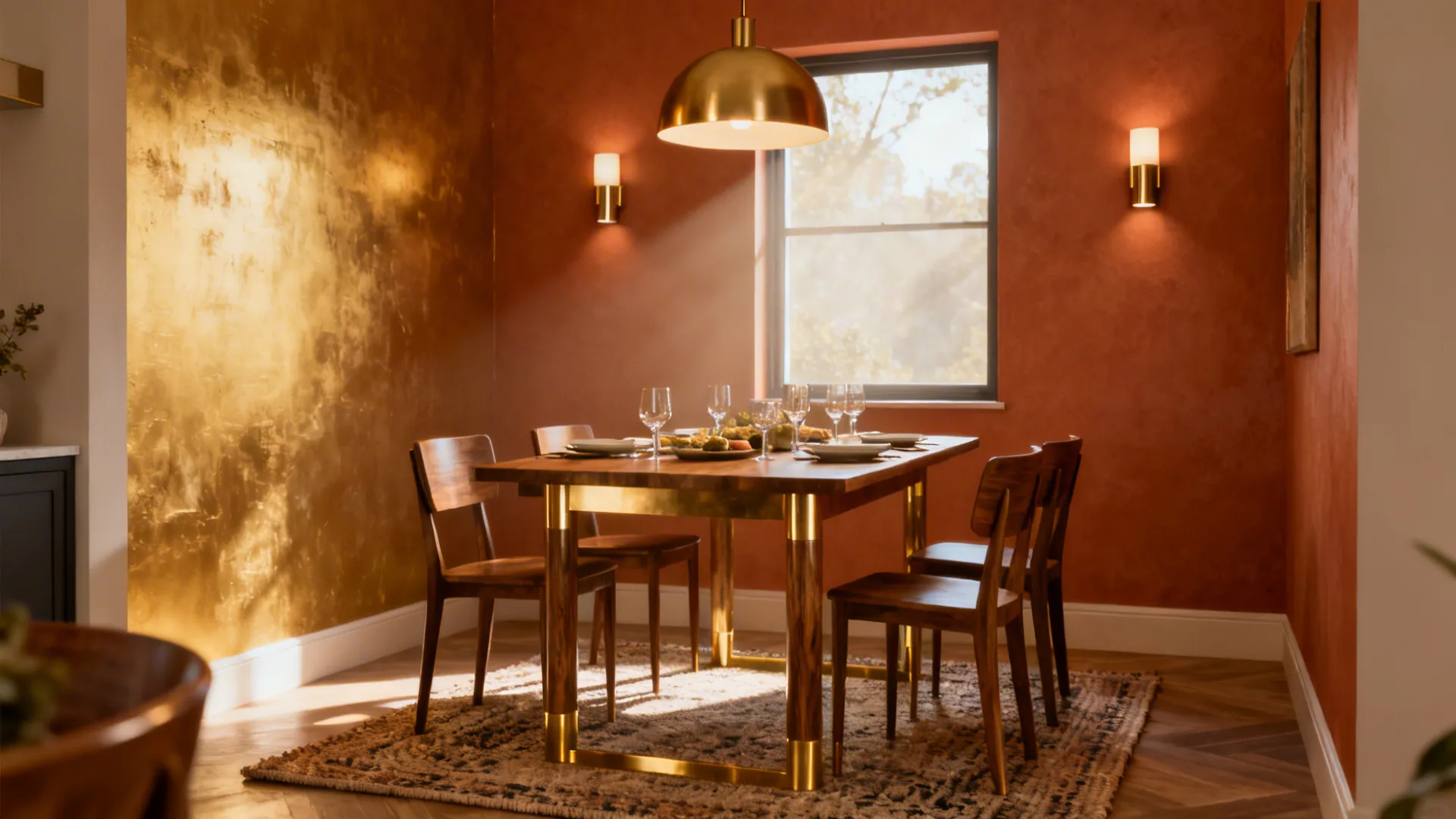 Warm dining room with orange walls gold wall wooden table four chairs gold ceiling light
