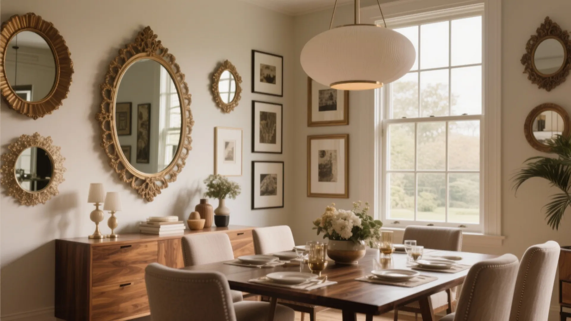Elegant dining room with wooden table, beige chairs, wood cabinet, white ceiling light, and mirrors