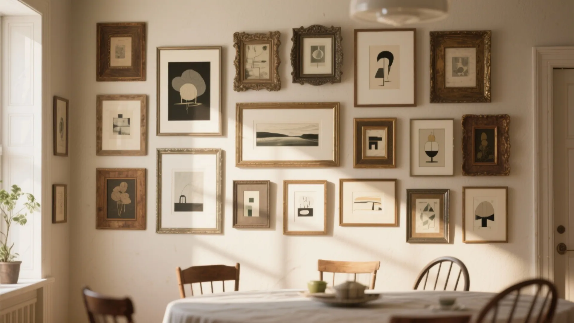 Dining room wall decorated with many different sized wooden frames above a round dining table