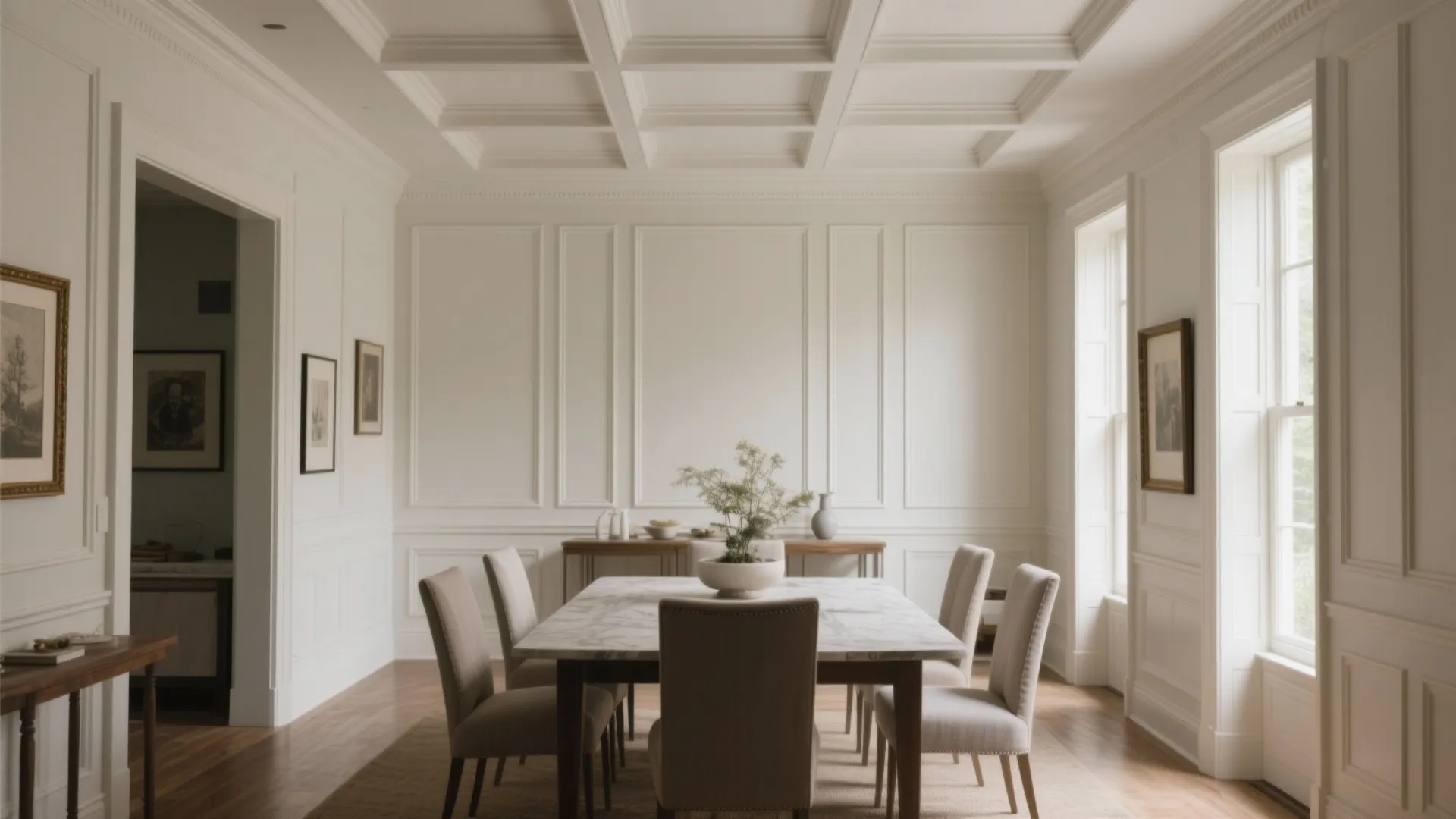 Bright dining room with white wall panel decor marble table wooden floor and large windows