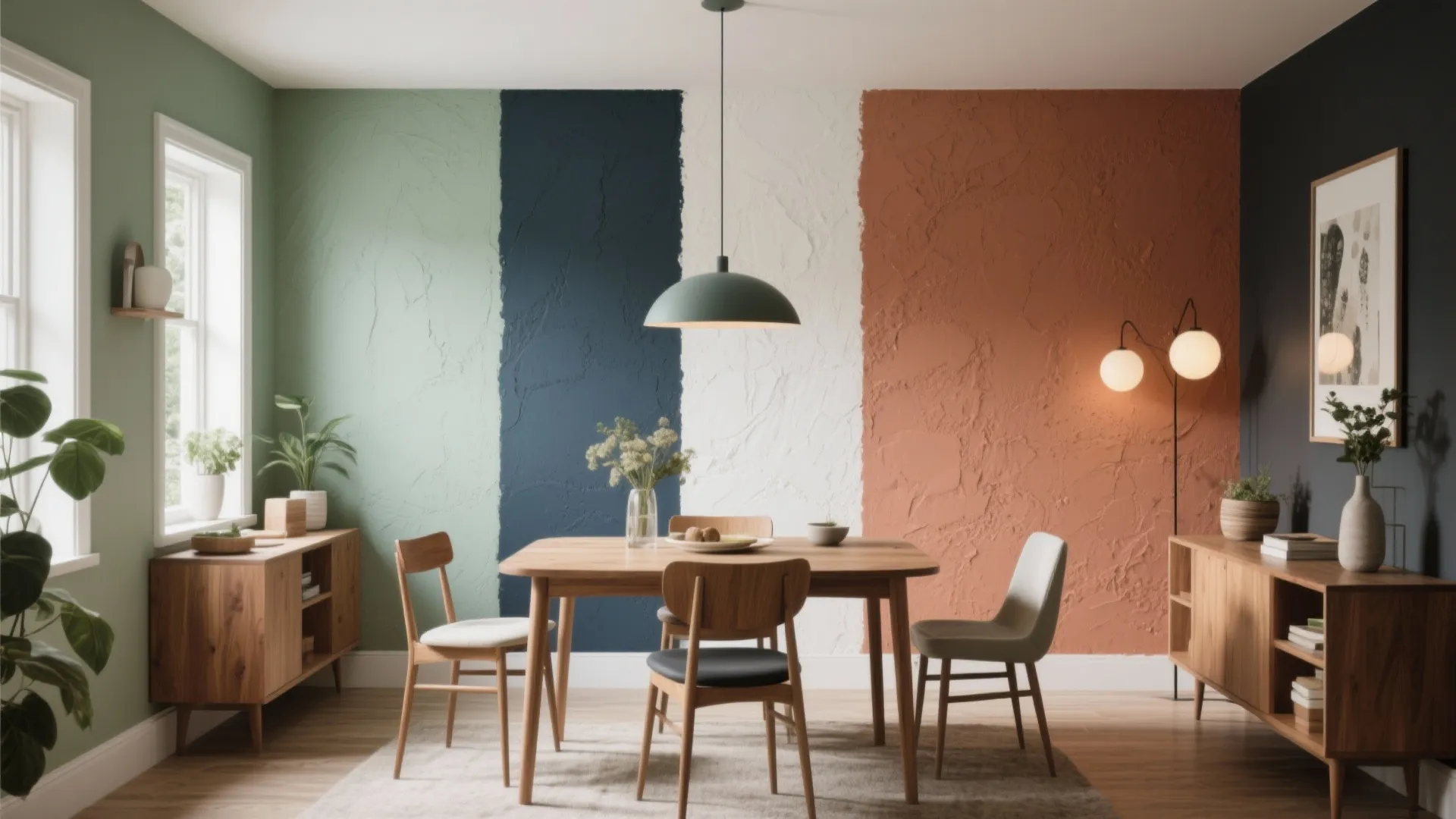 Dining room interior design showing colorful wall paint samples wooden table chairs and green ceiling light