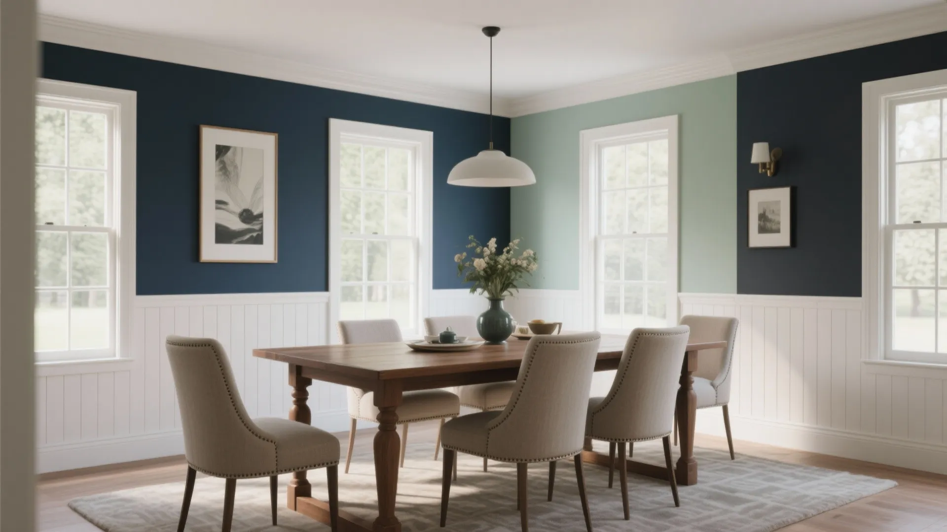 Dining room with dark blue walls white wall panels wooden table beige chairs and windows