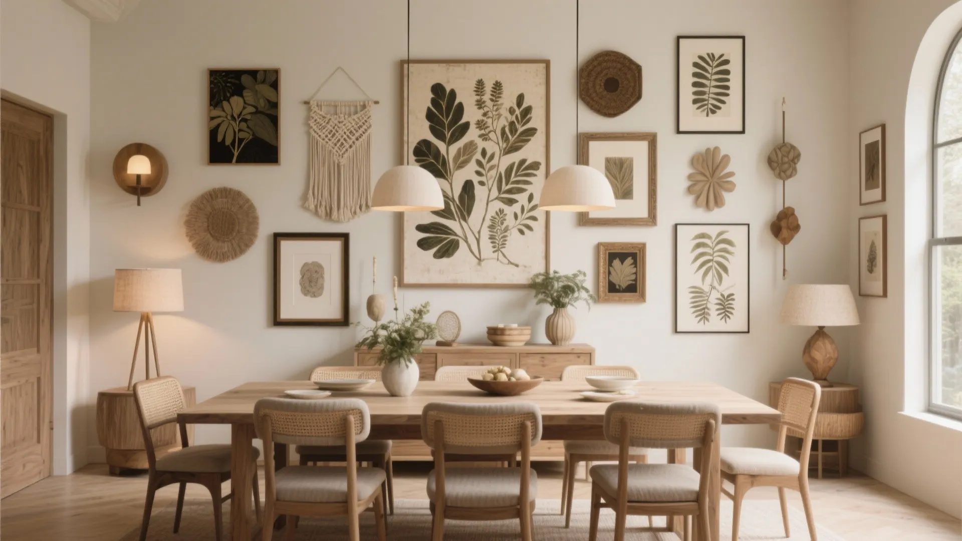 Warm dining room featuring botanical wall art wooden table chairs and two dome ceiling lights