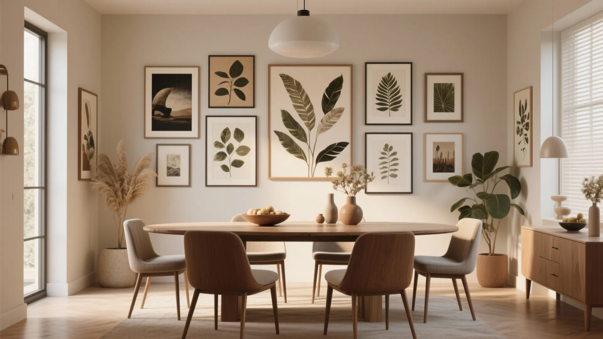 Modern dining room featuring wooden table and gallery wall with various botanical leaf art prints