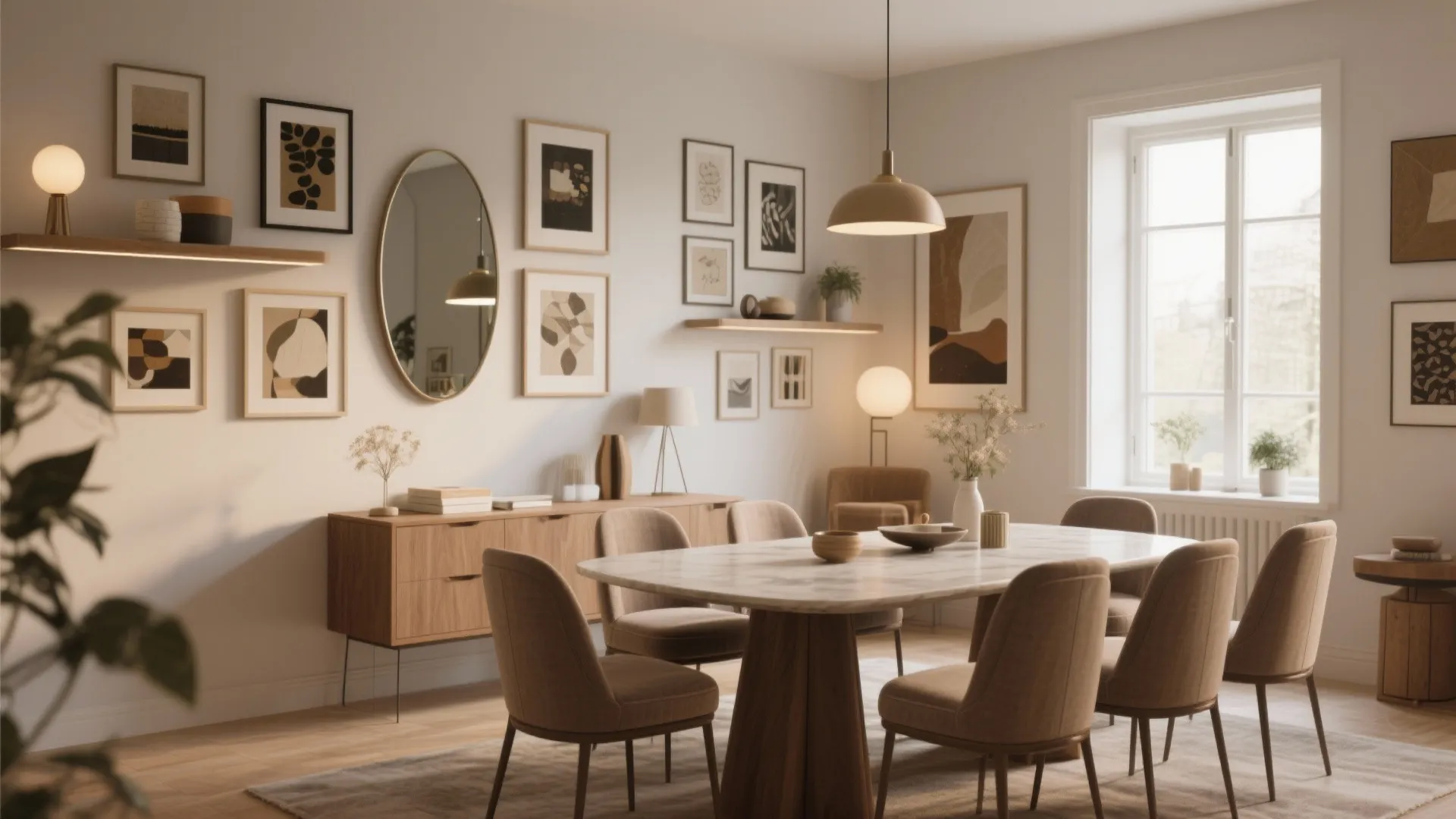 Dining room with marble table oval mirror wooden cabinet and gallery wall with many framed pictures