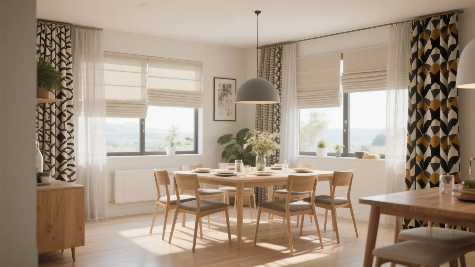 Bright dining room with wooden table and chairs featuring patterned curtains and neutral window blinds set