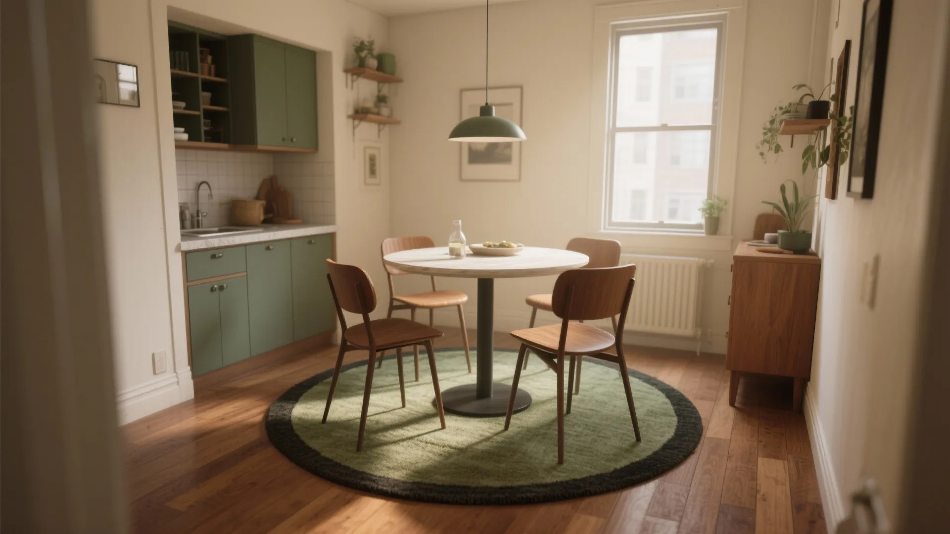 Cozy dining room with green kitchen cabinets round white table wooden chairs and green rug