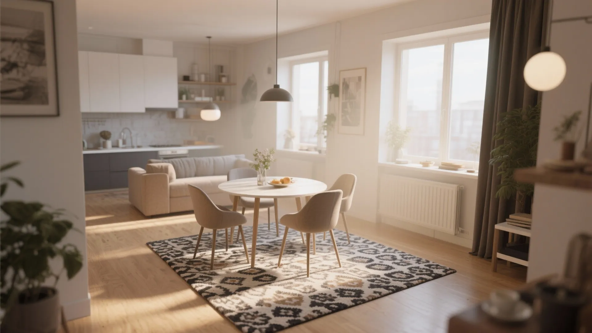 Rug defining a small dining area in an open-plan apartment