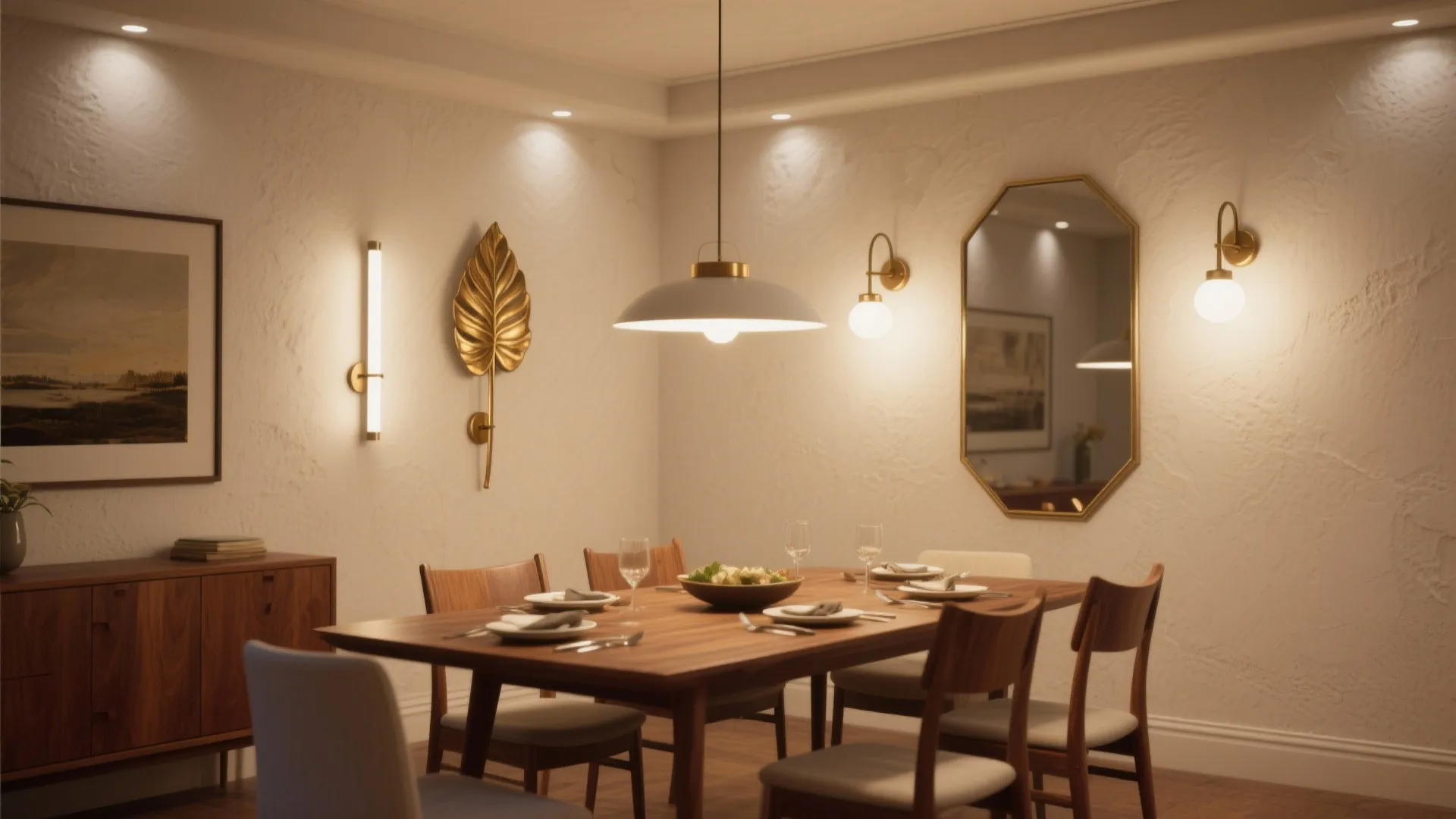 Dining room interior design drawing with wooden table chairs ceiling light wall lights and mirror